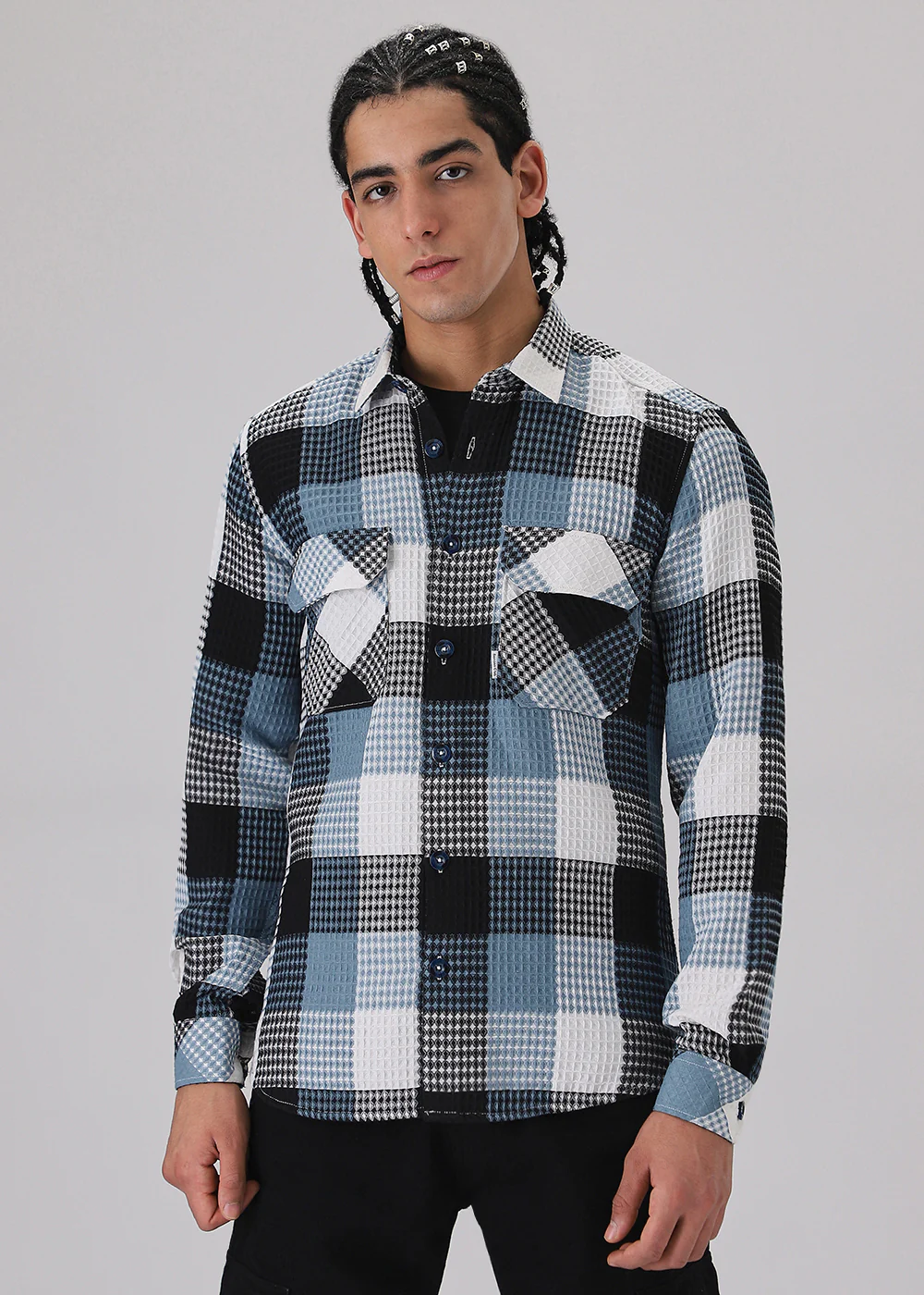 Blue Waffle Plaid Check Shirt - Image 3