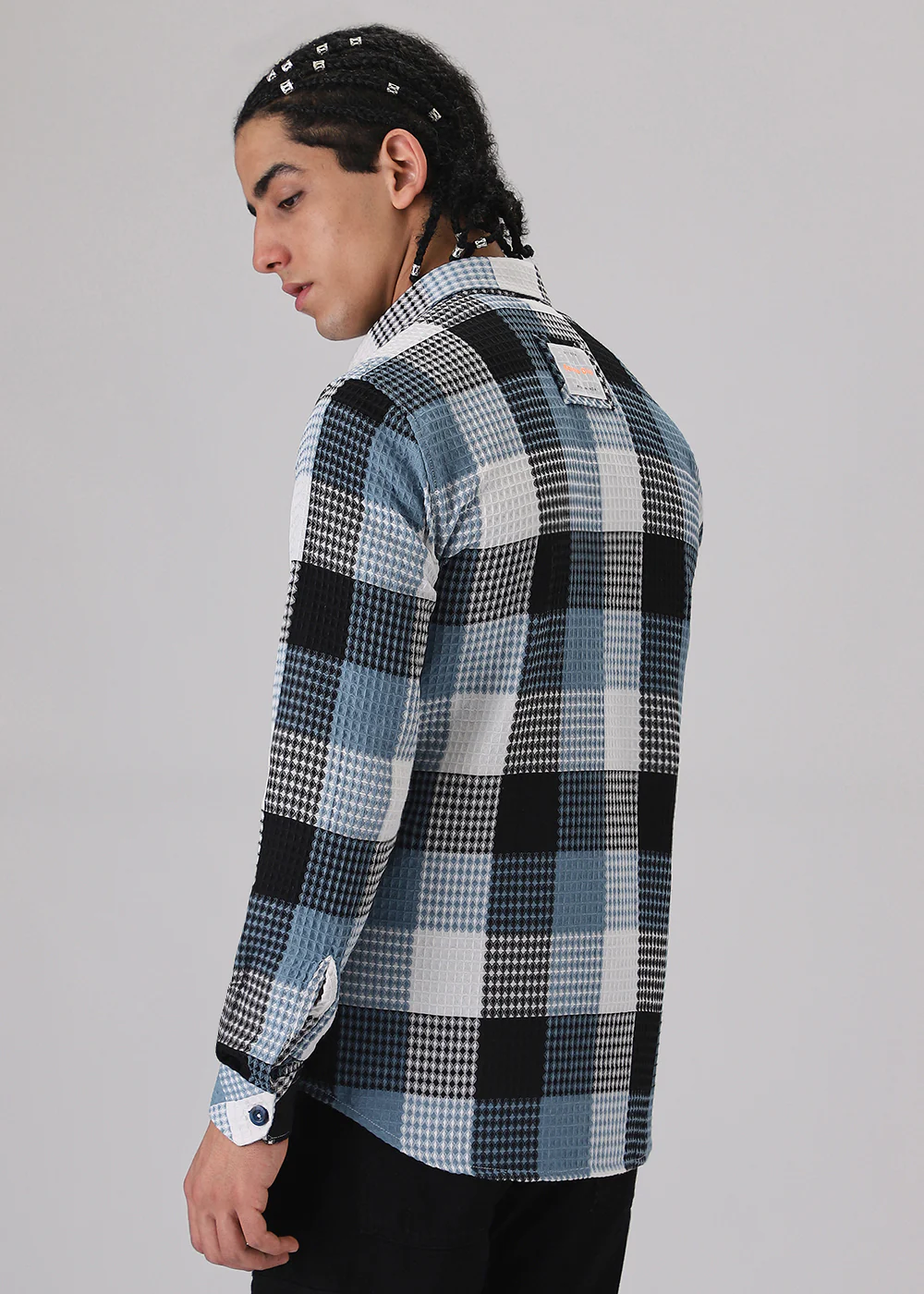 Blue Waffle Plaid Check Shirt - Image 4