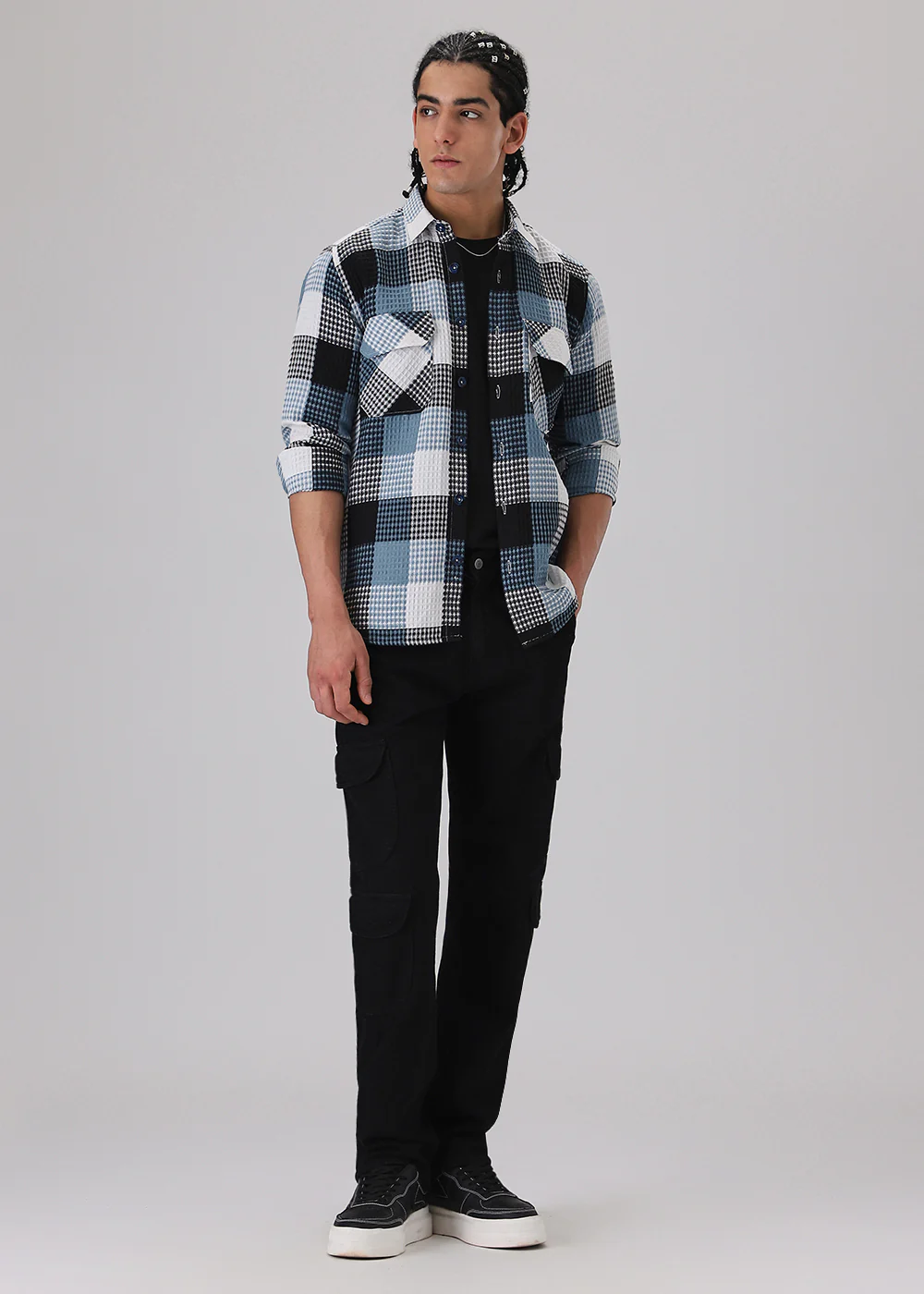 Blue Waffle Plaid Check Shirt - Image 7