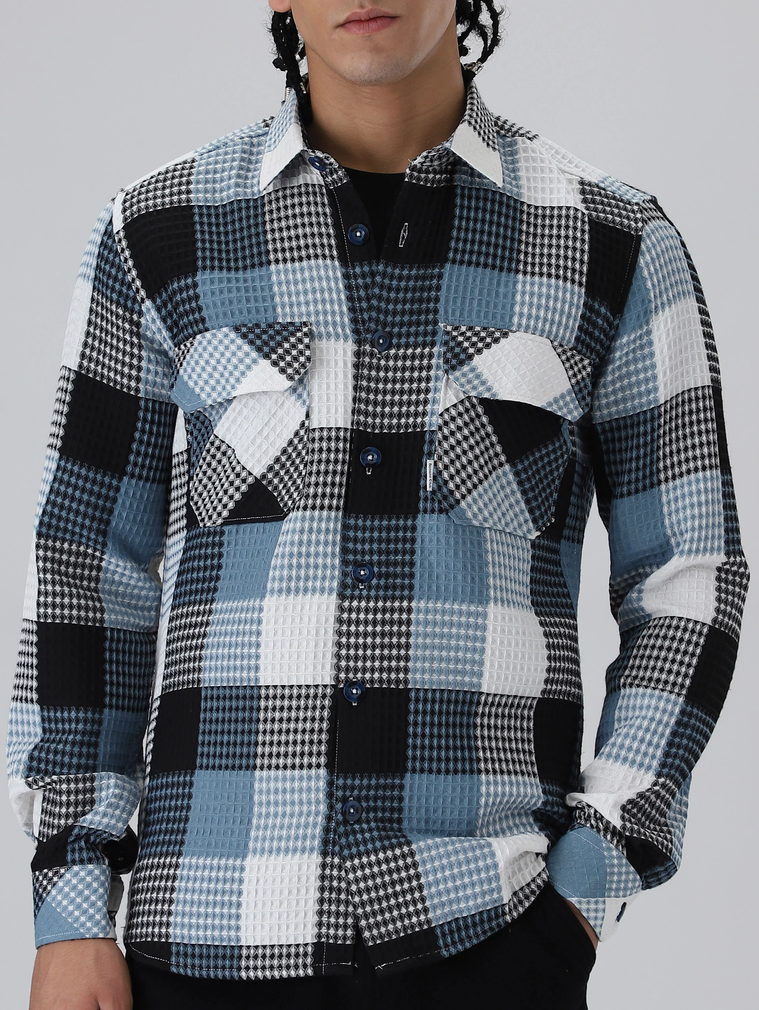 Blue Waffle Plaid Check Shirt - Image 8