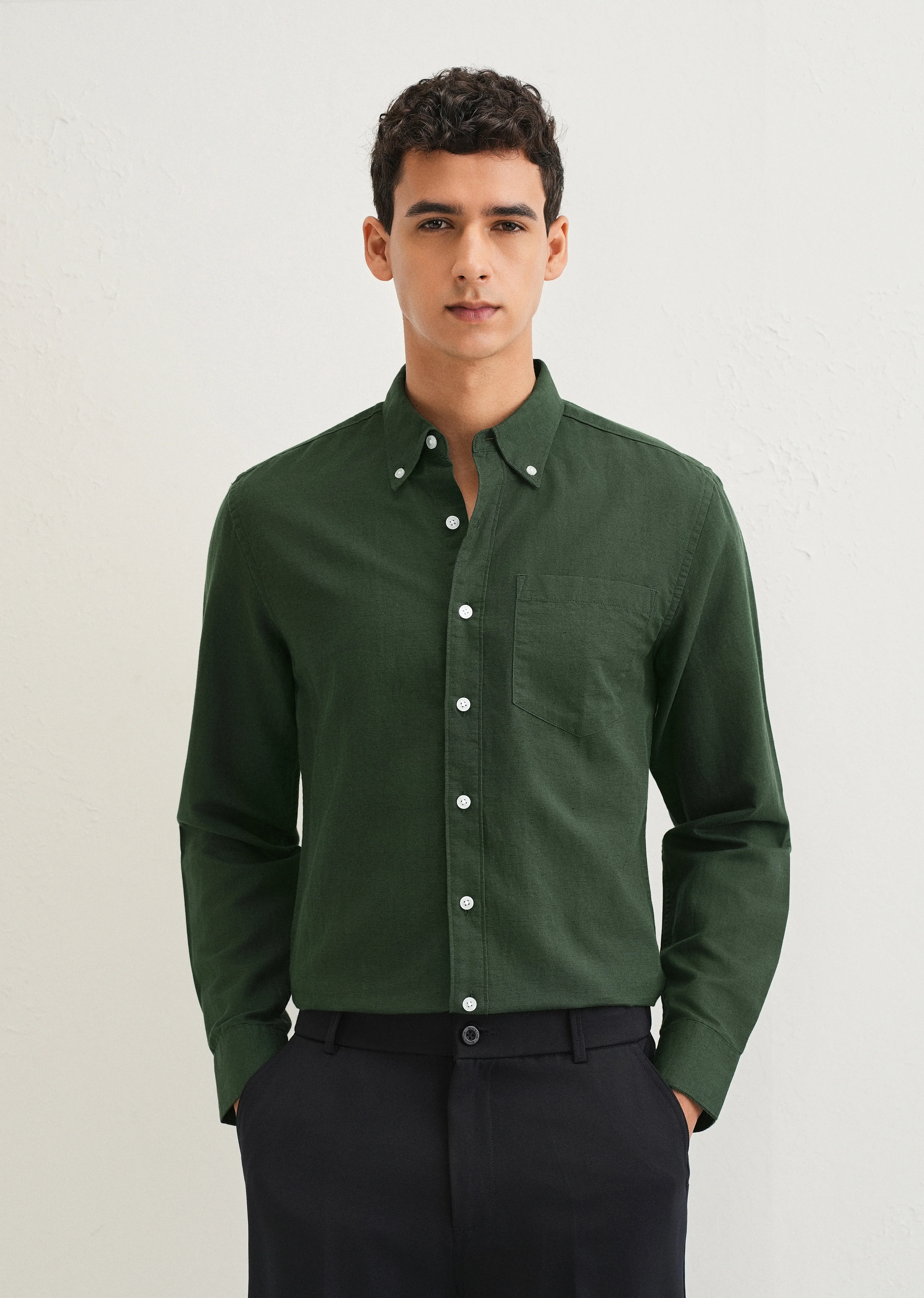 Bottle Green Cotton Linen Shirt - Image 2