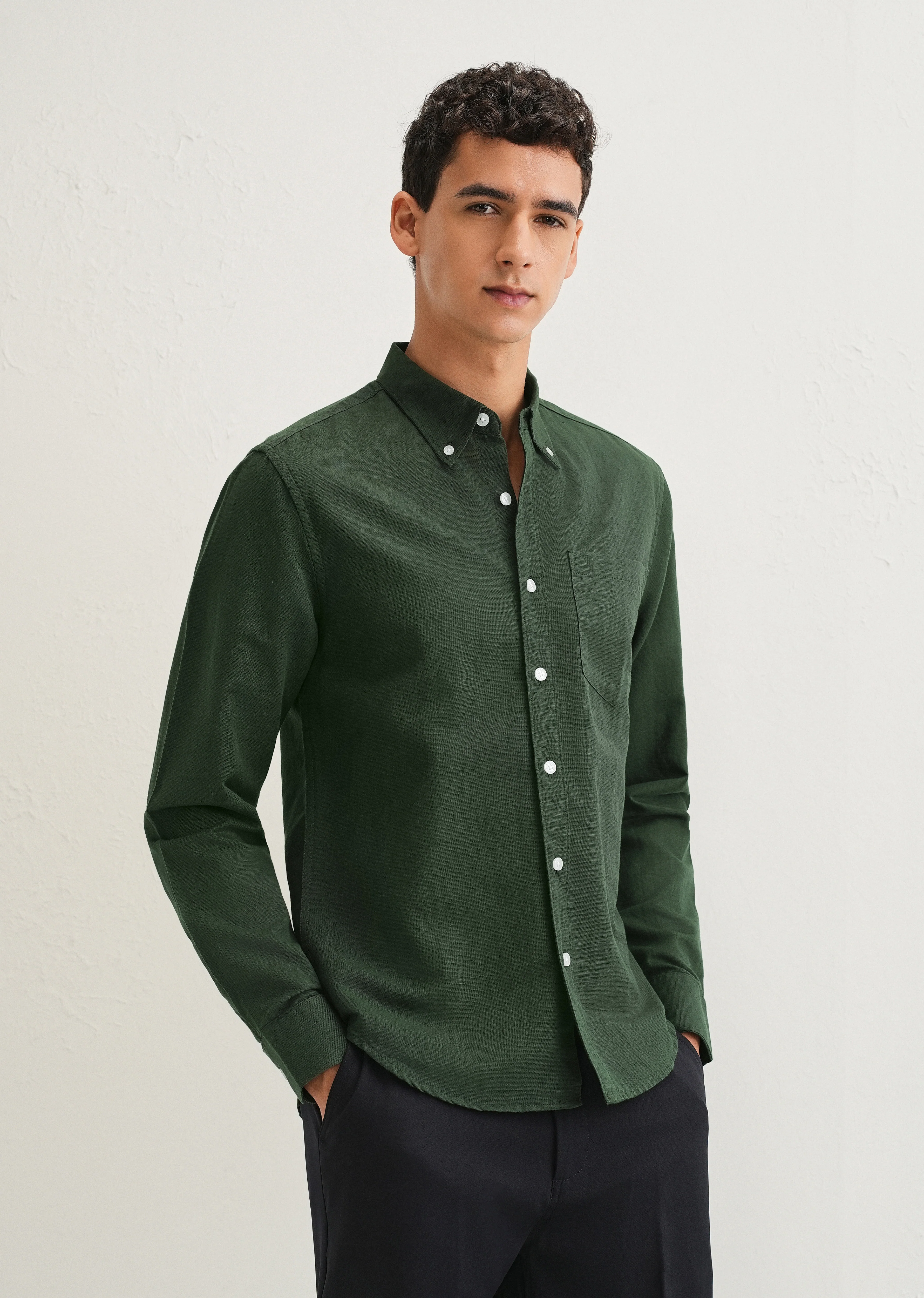Bottle Green Cotton Linen Shirt - Image 5