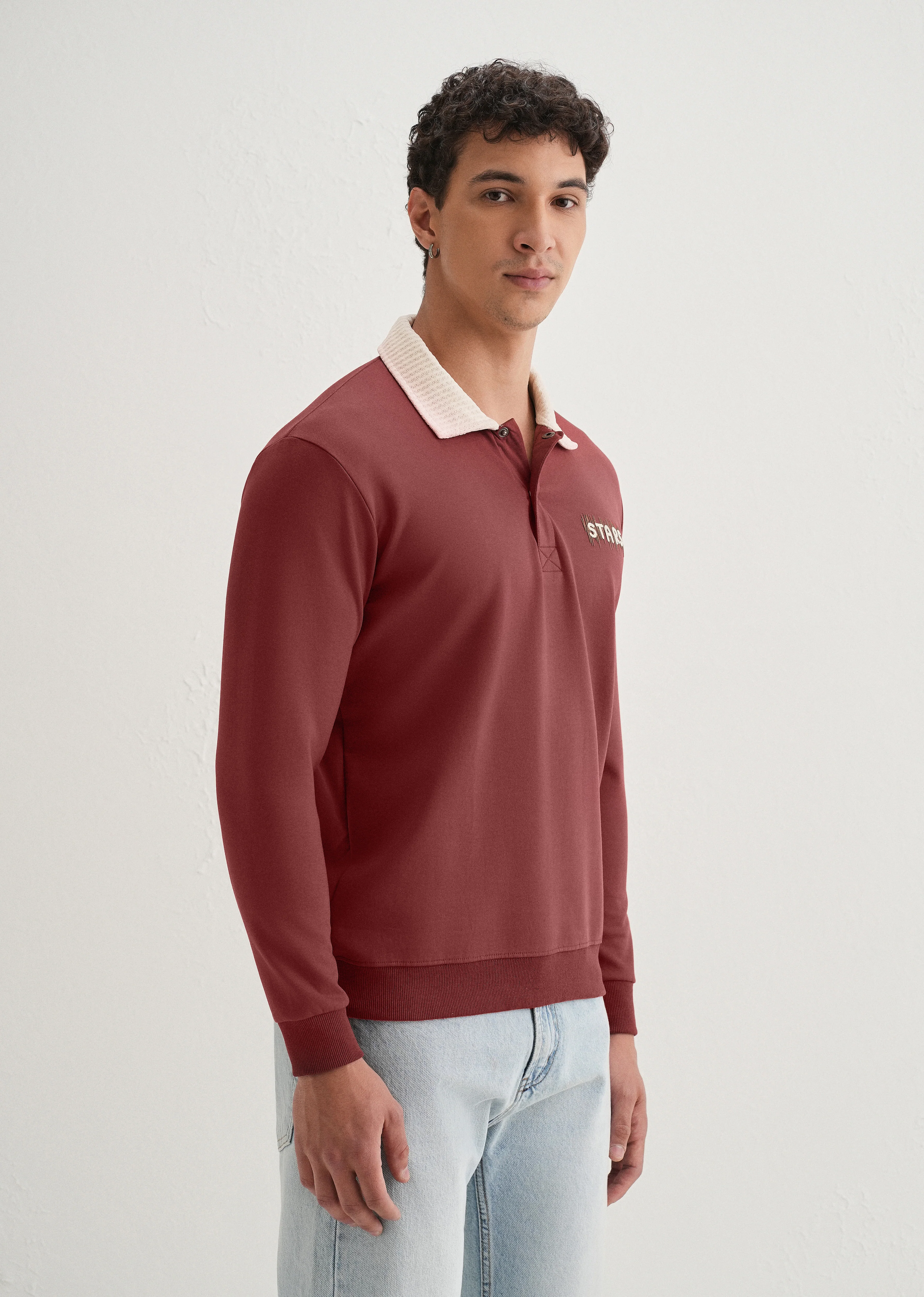 Brick Red Suede Collared Polo Sweatshirt - Image 4