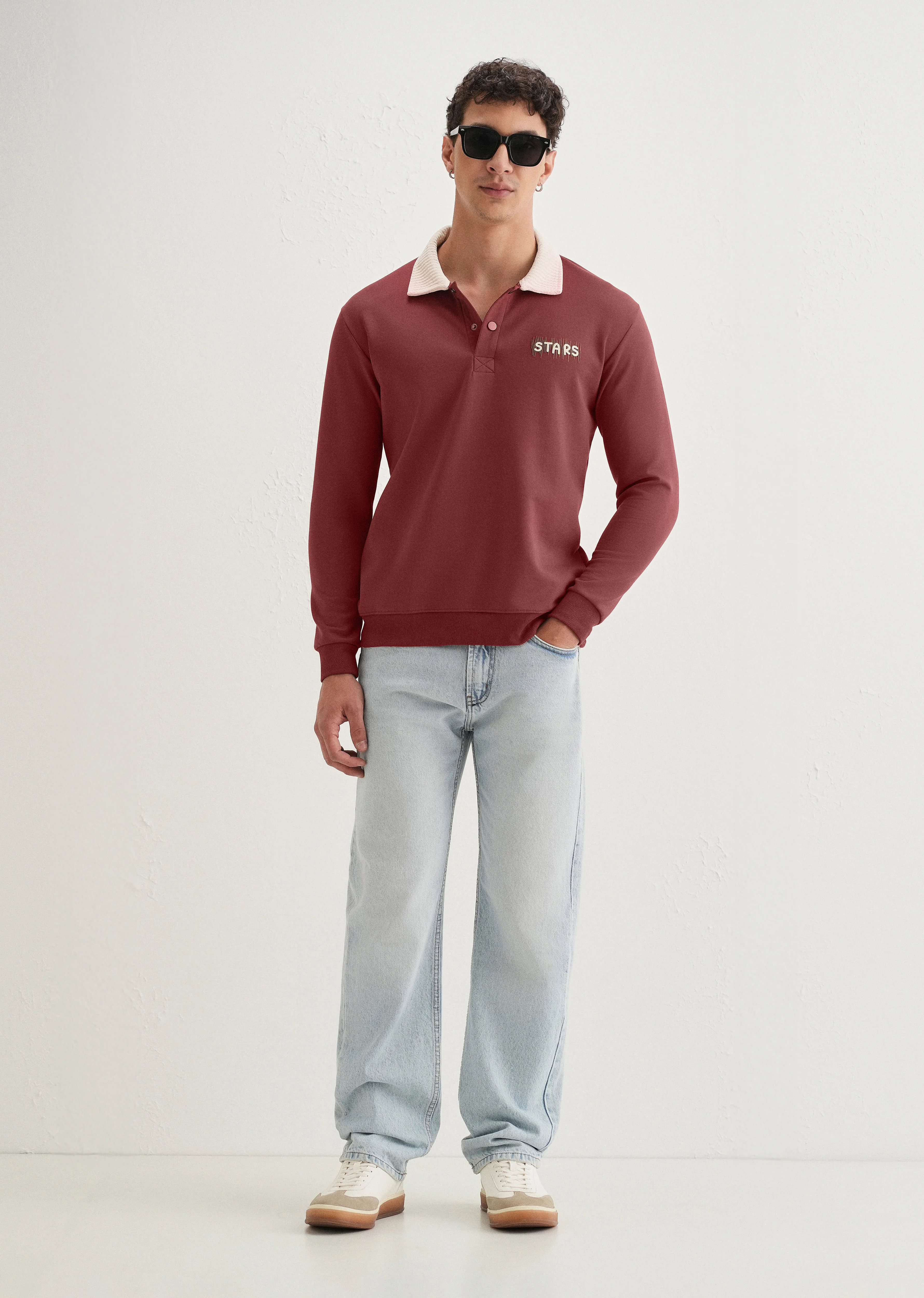 Brick Red Suede Collared Polo Sweatshirt - Image 6