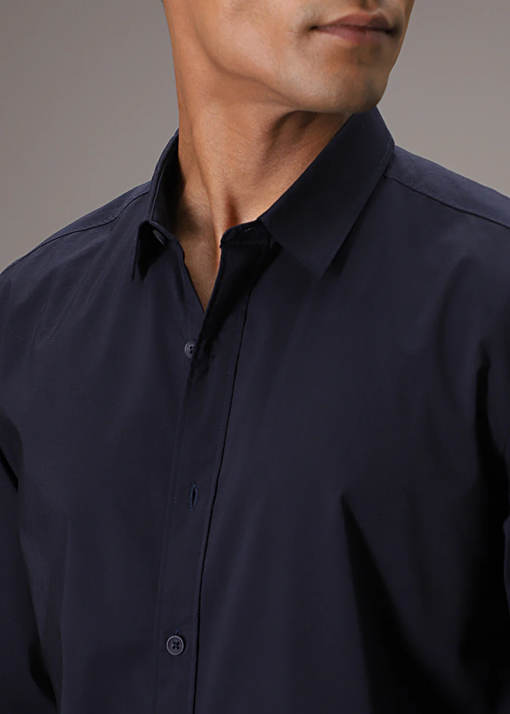 Navy Blue Plain Blended Cotton Shirt - Image 2
