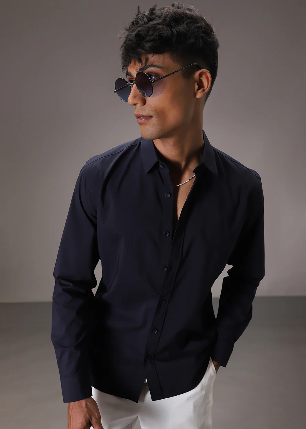 Navy Blue Plain Blended Cotton Shirt - Image 3