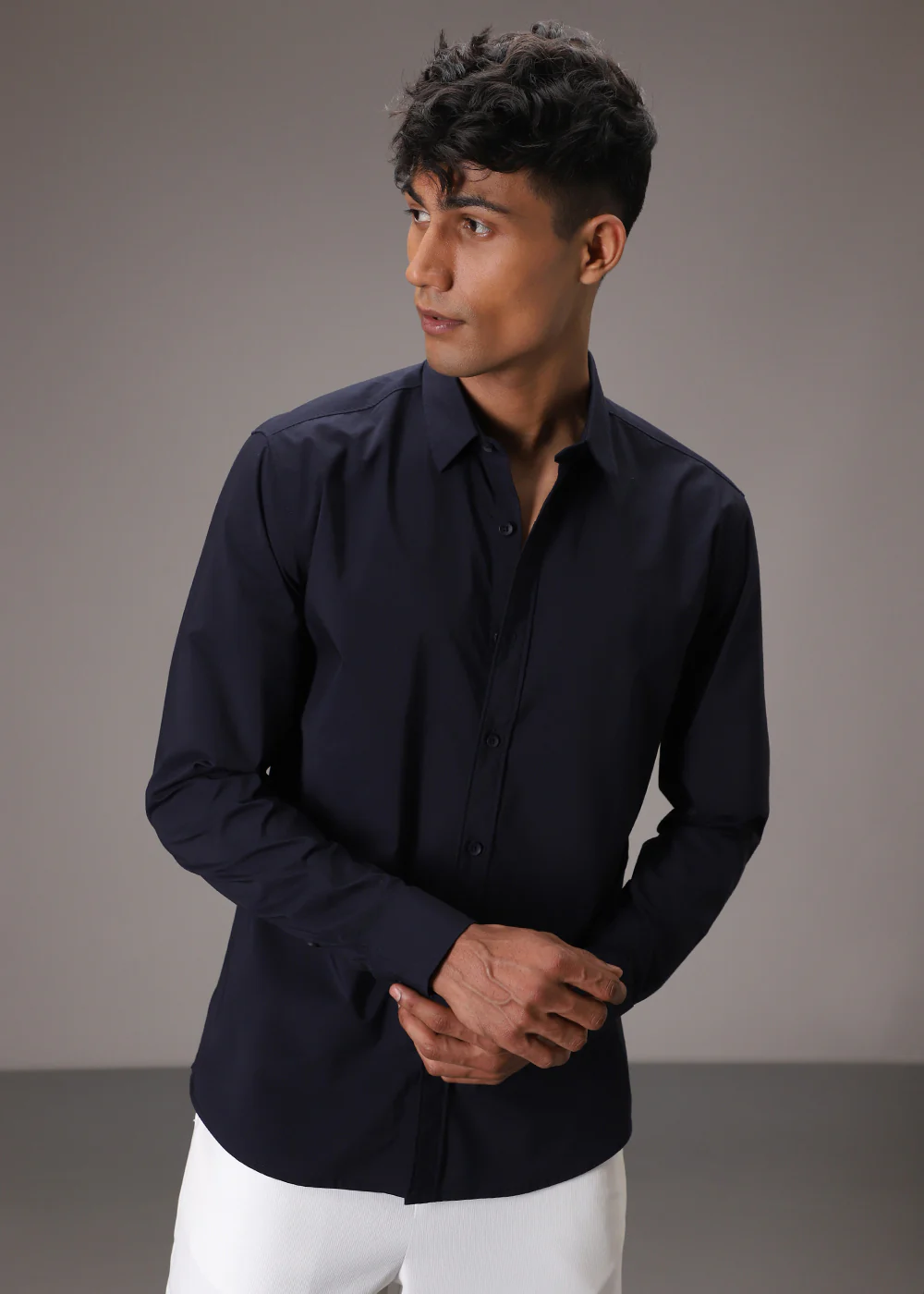 Navy Blue Plain Blended Cotton Shirt - Image 4