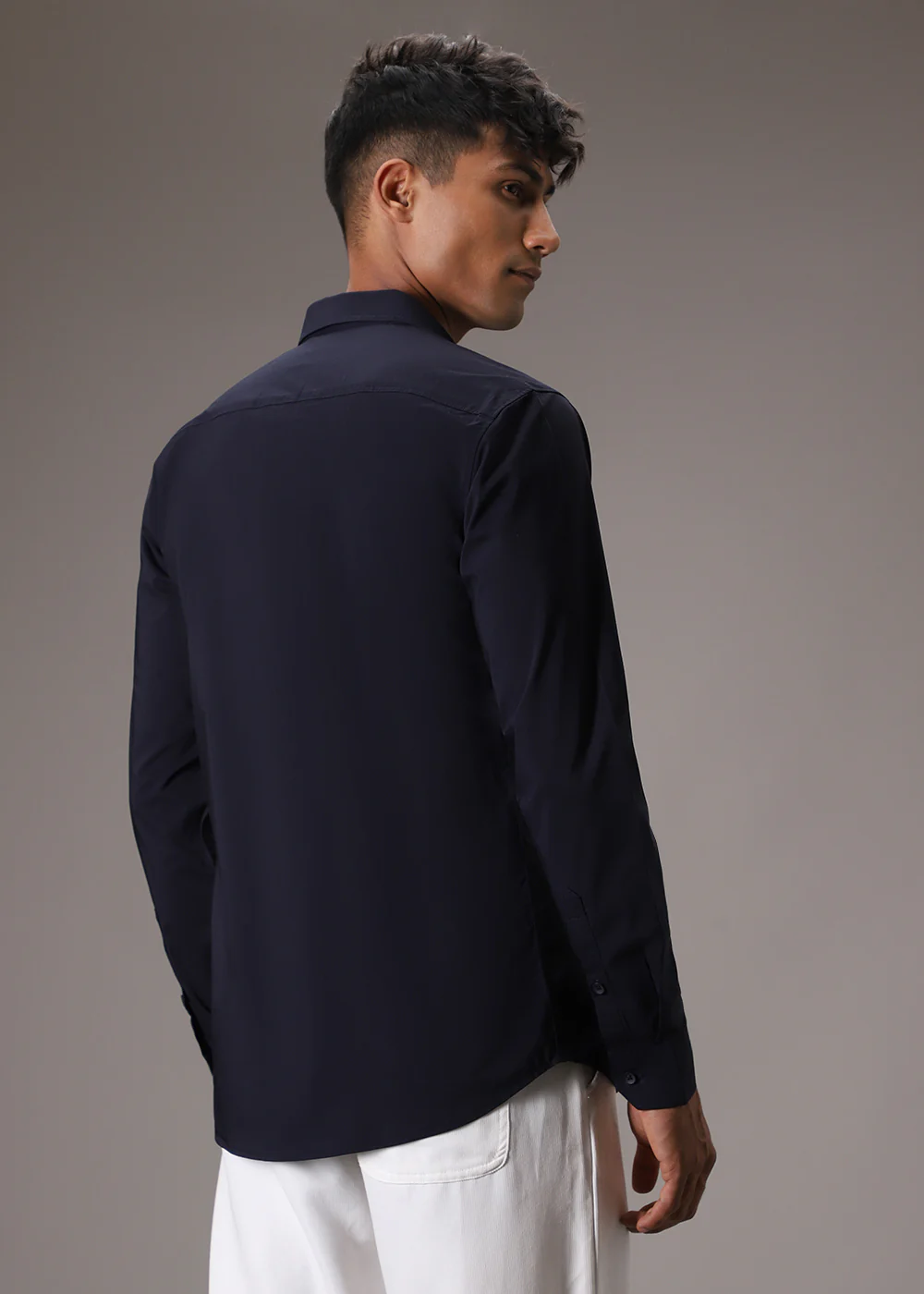 Navy Blue Plain Blended Cotton Shirt - Image 5