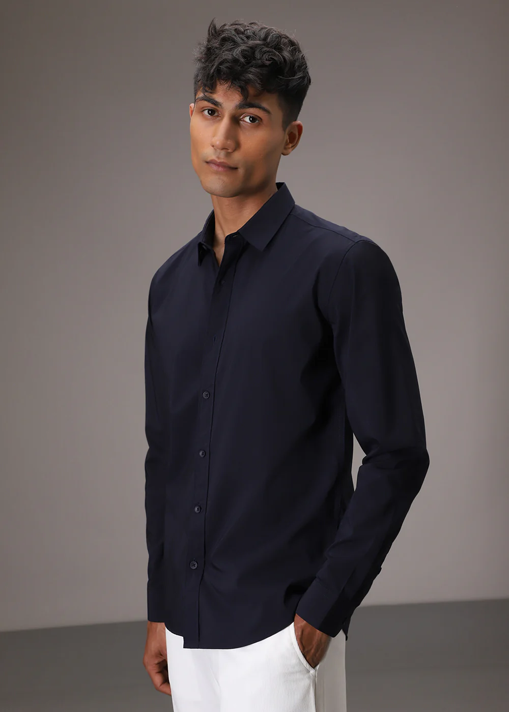 Navy Blue Plain Blended Cotton Shirt - Image 6