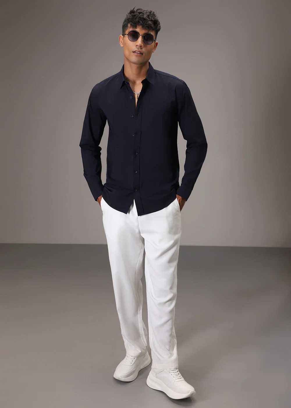 Navy Blue Plain Blended Cotton Shirt - Image 7