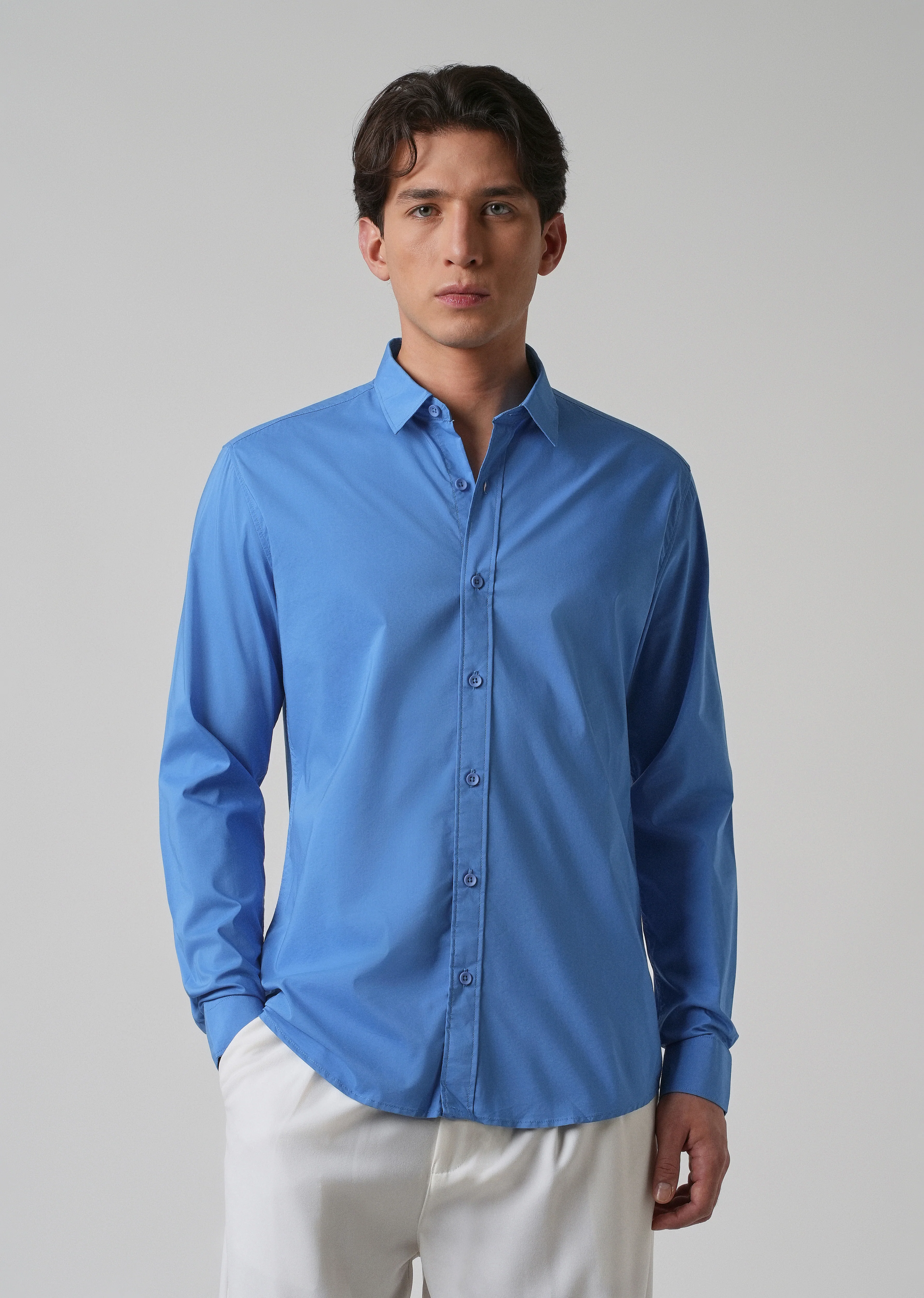 Bright Blue Plain Blended Cotton Shirt - Image 3