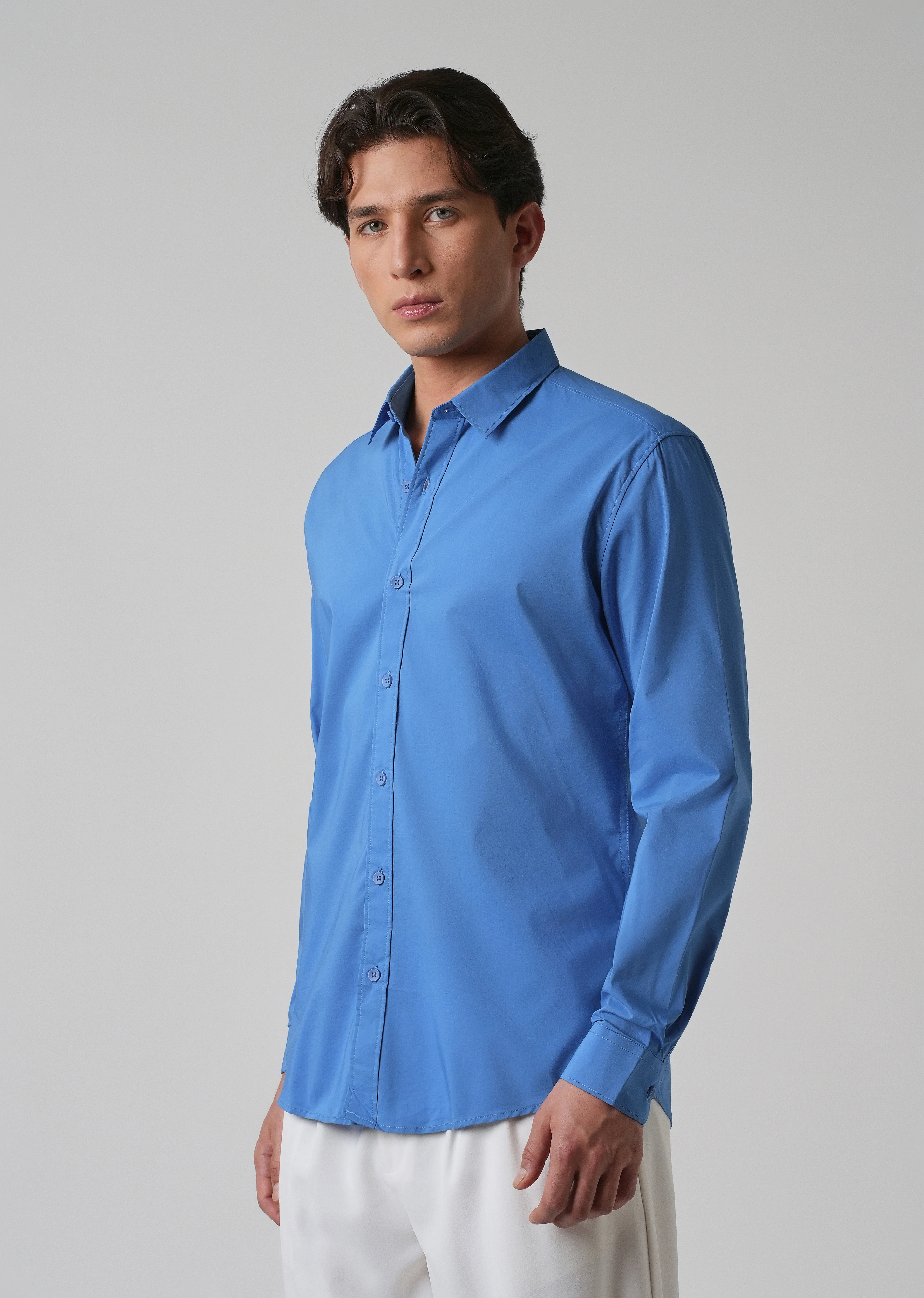 Bright Blue Plain Blended Cotton Shirt - Image 4