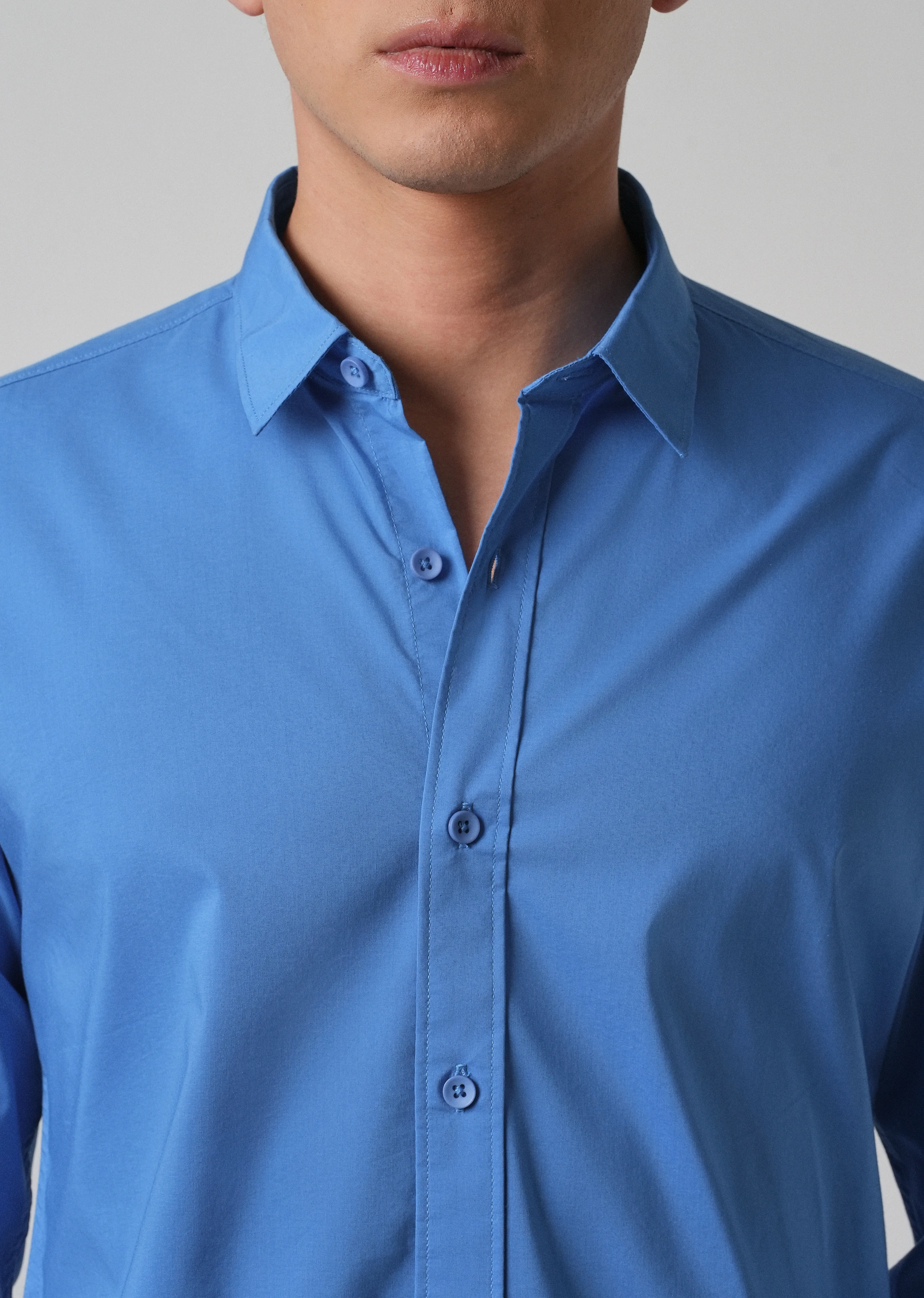 Bright Blue Plain Blended Cotton Shirt - Image 5