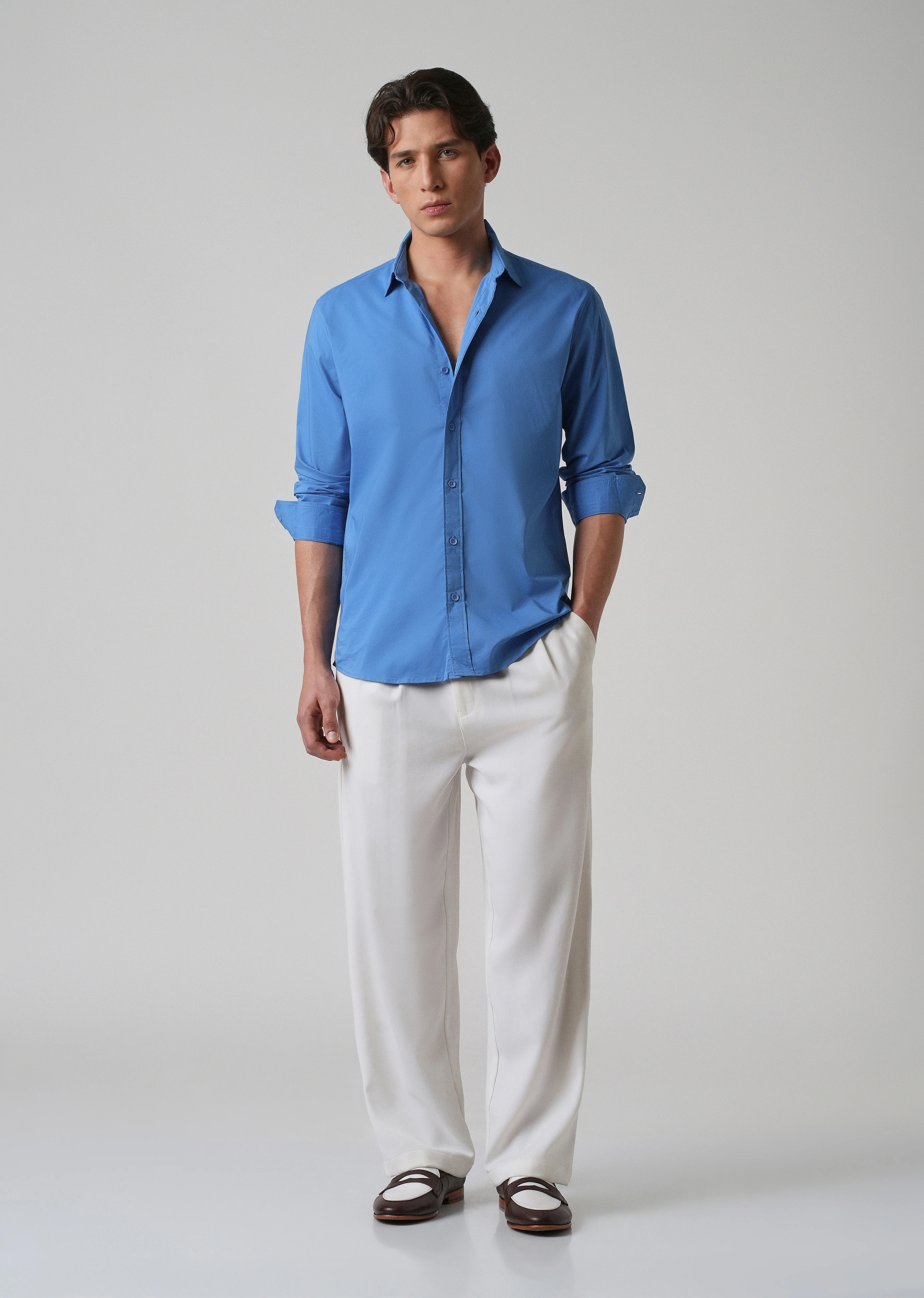 Bright Blue Plain Blended Cotton Shirt - Image 6
