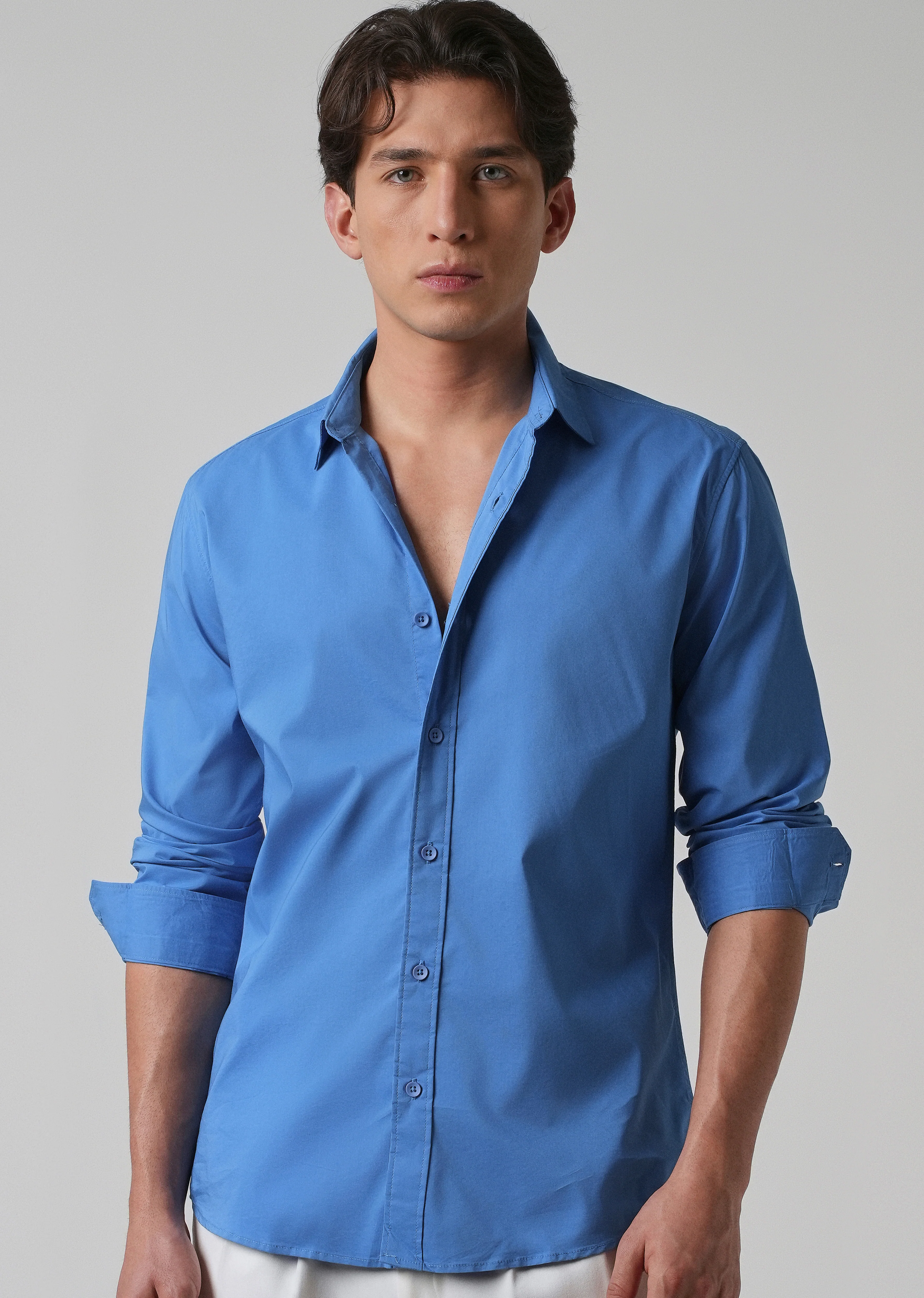 Bright Blue Plain Blended Cotton Shirt - Image 7