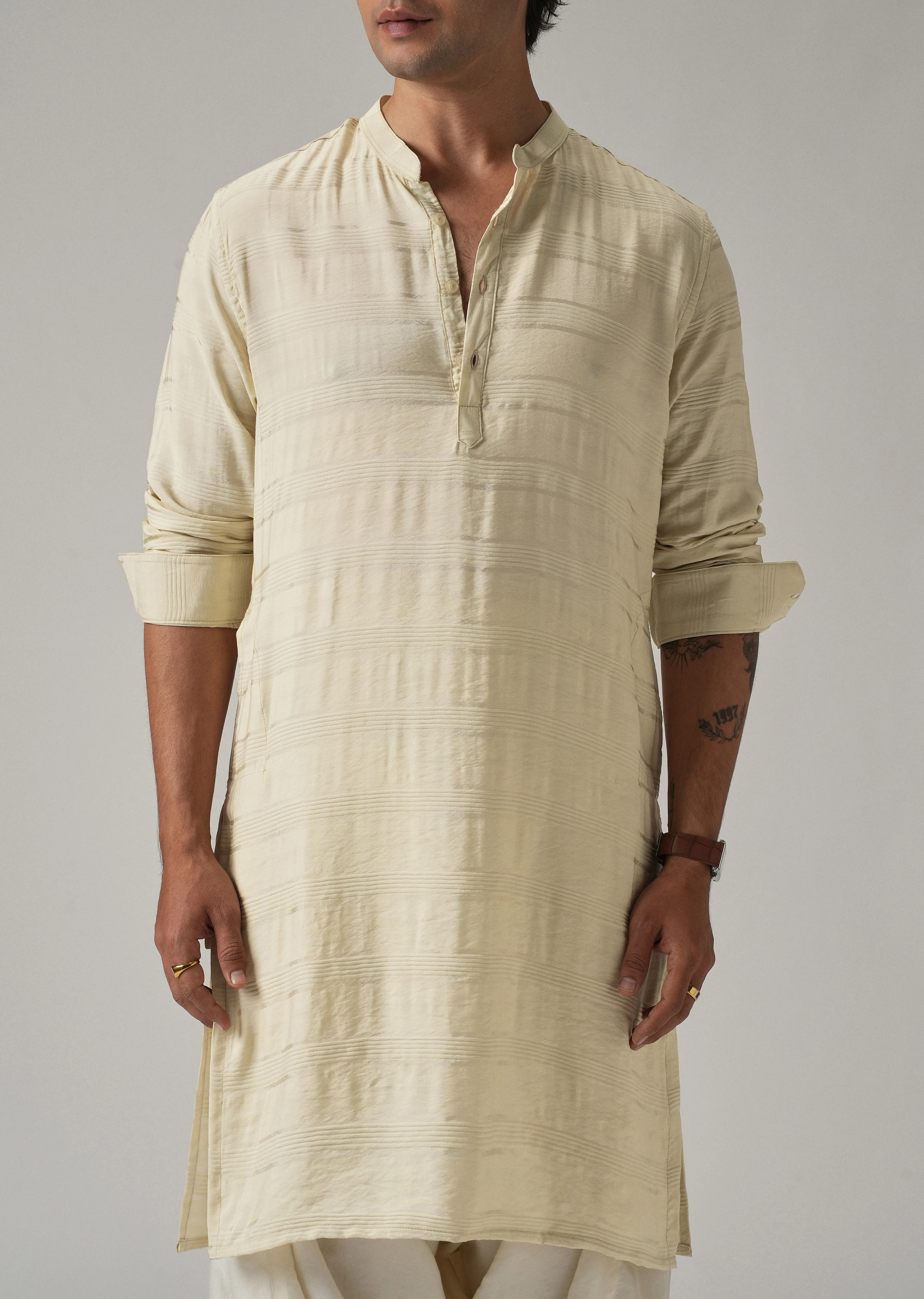 Bright Cream Nylon Stripe Kurta - Image 7