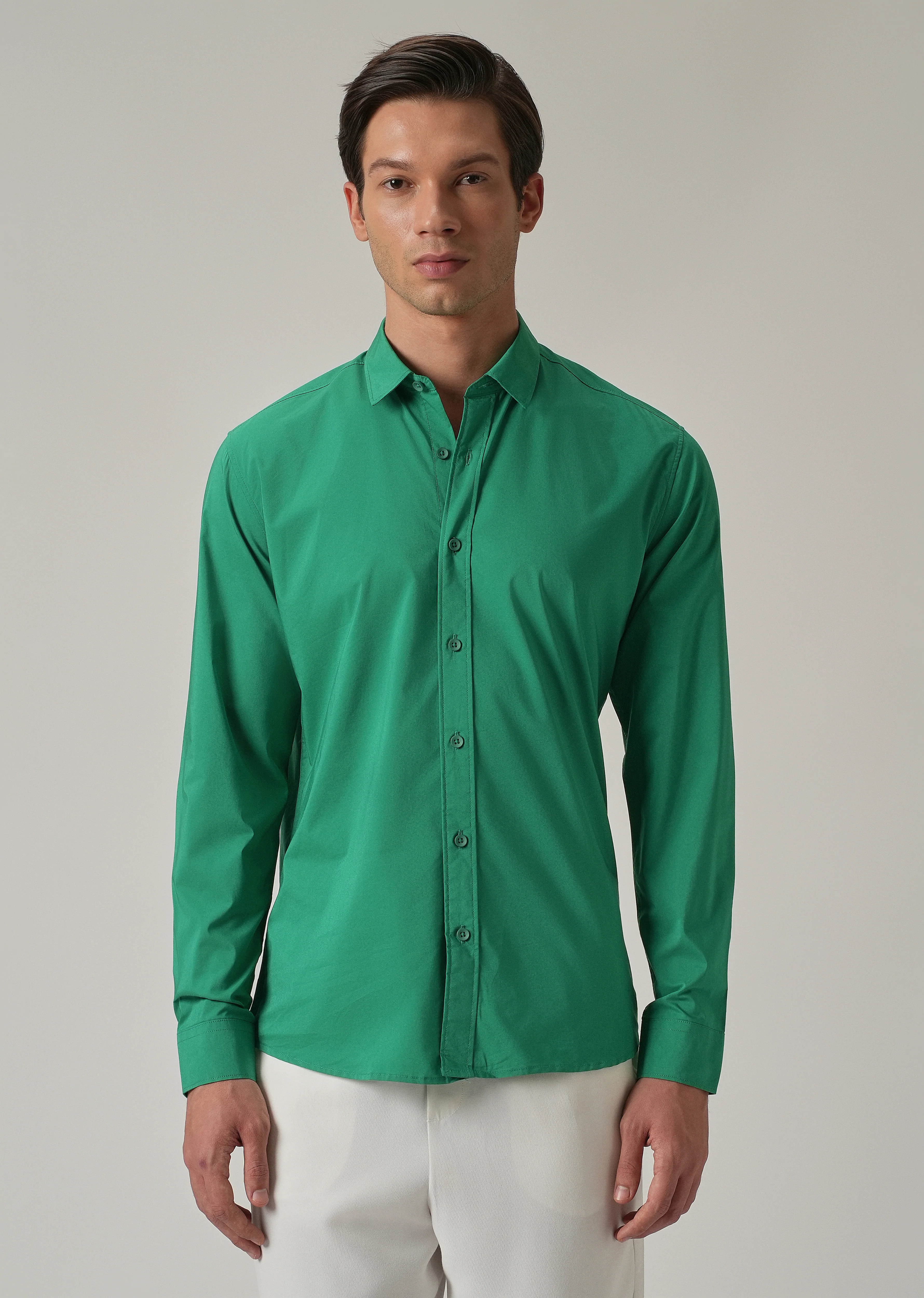 Bright Green Plain Blended Cotton Shirt - Image 3