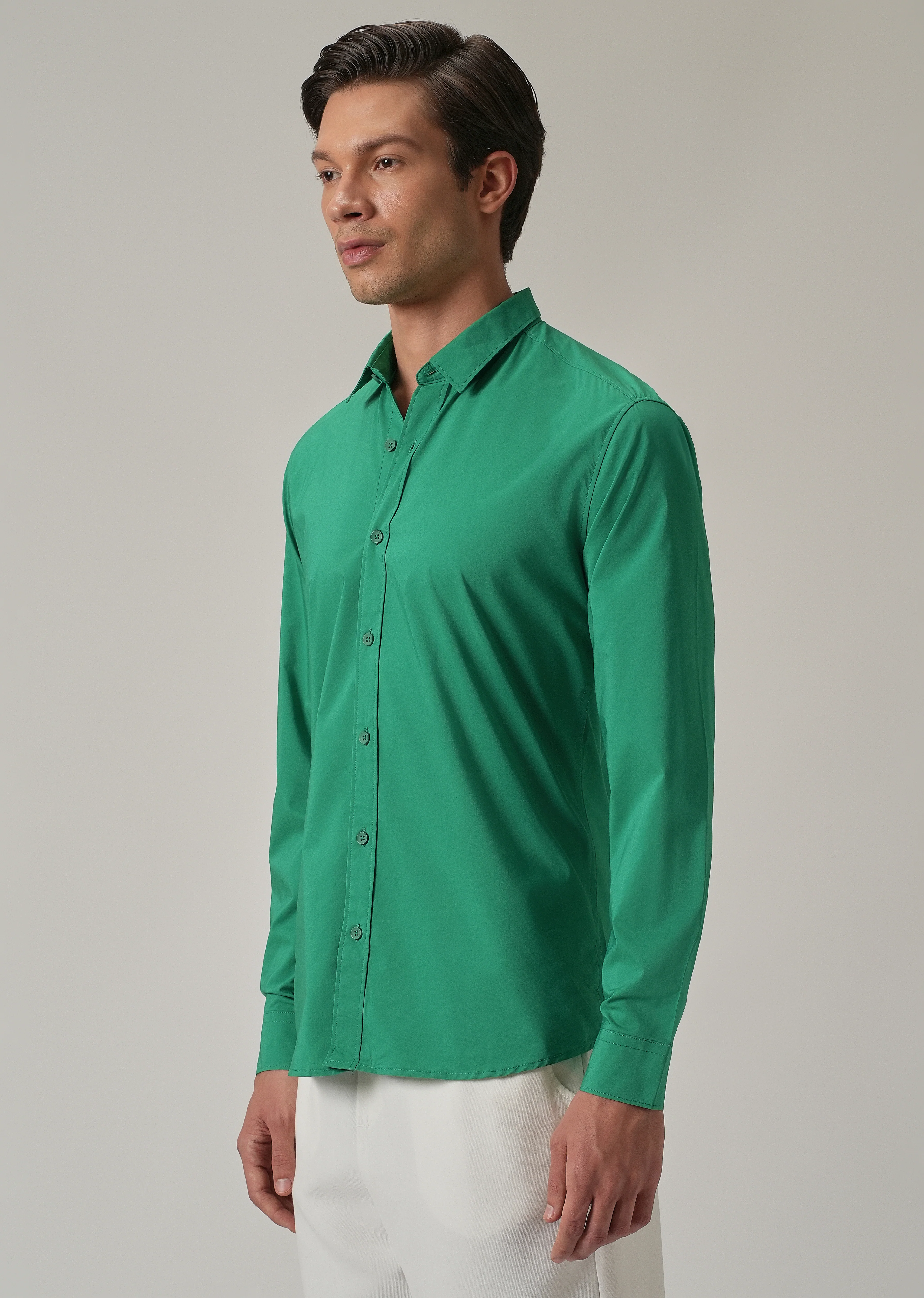 Bright Green Plain Blended Cotton Shirt - Image 4