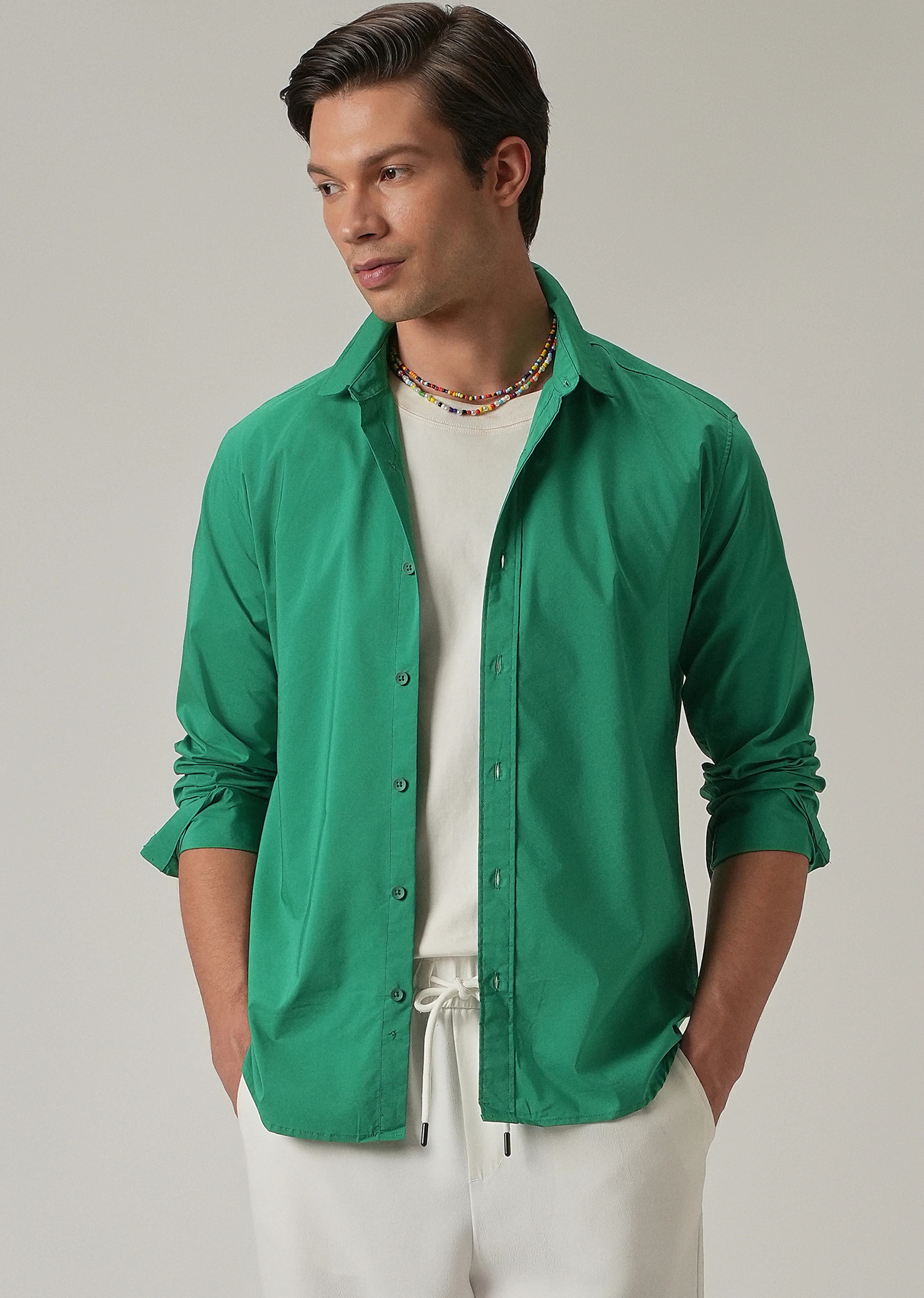 Bright Green Plain Blended Cotton Shirt - Image 7