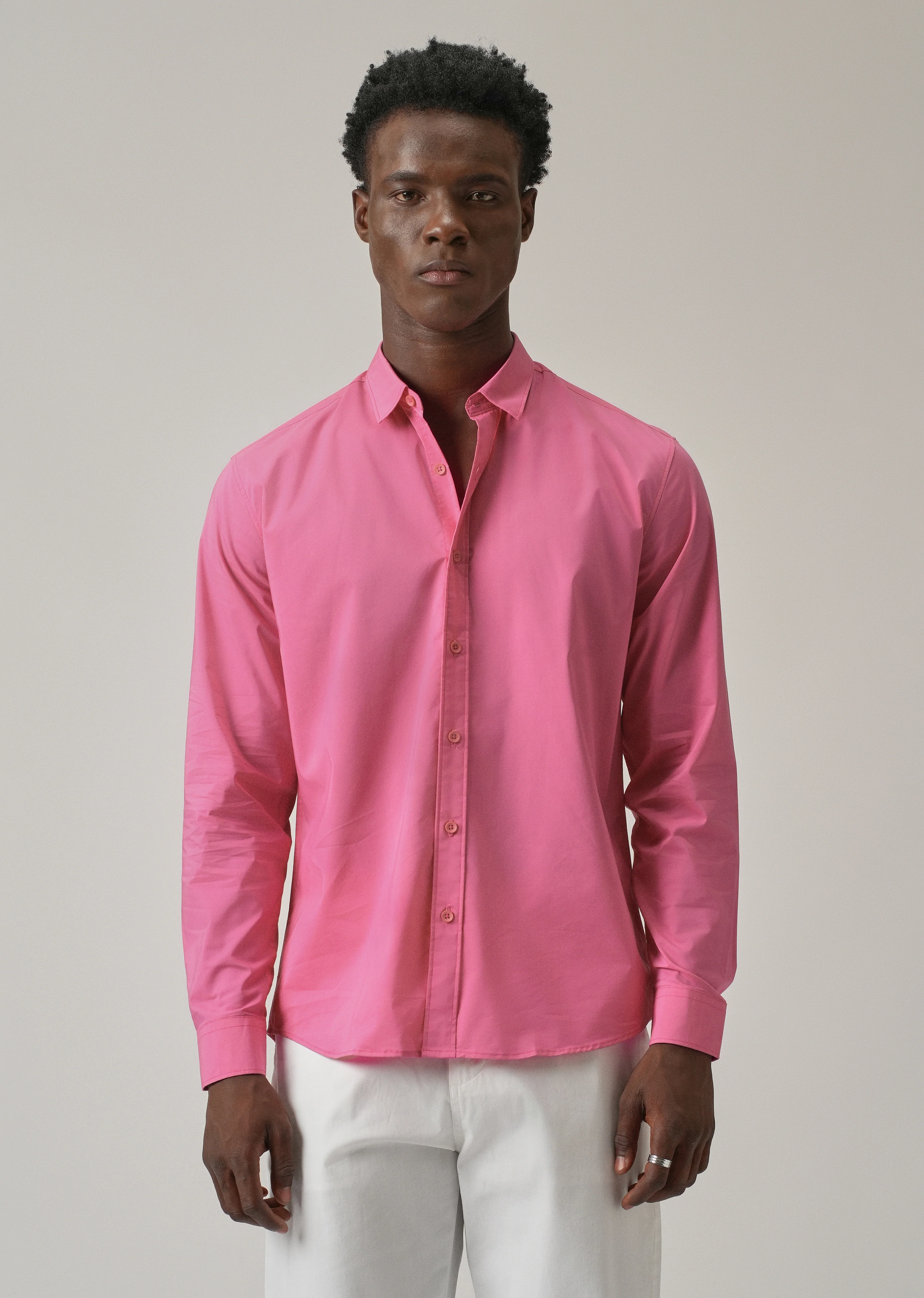 Bright Pink Plain Blended Cotton Shirt - Image 3