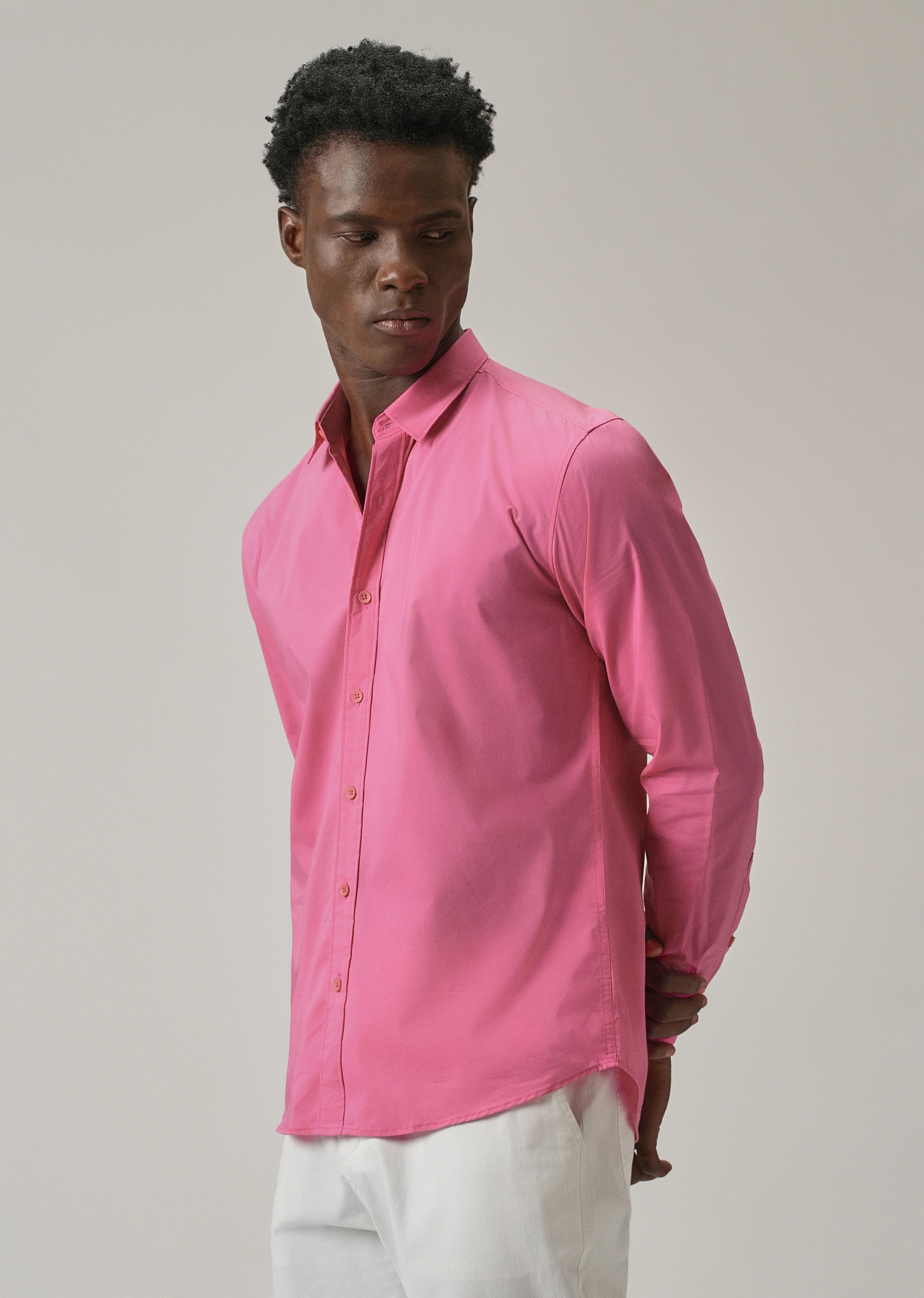 Bright Pink Plain Blended Cotton Shirt - Image 4