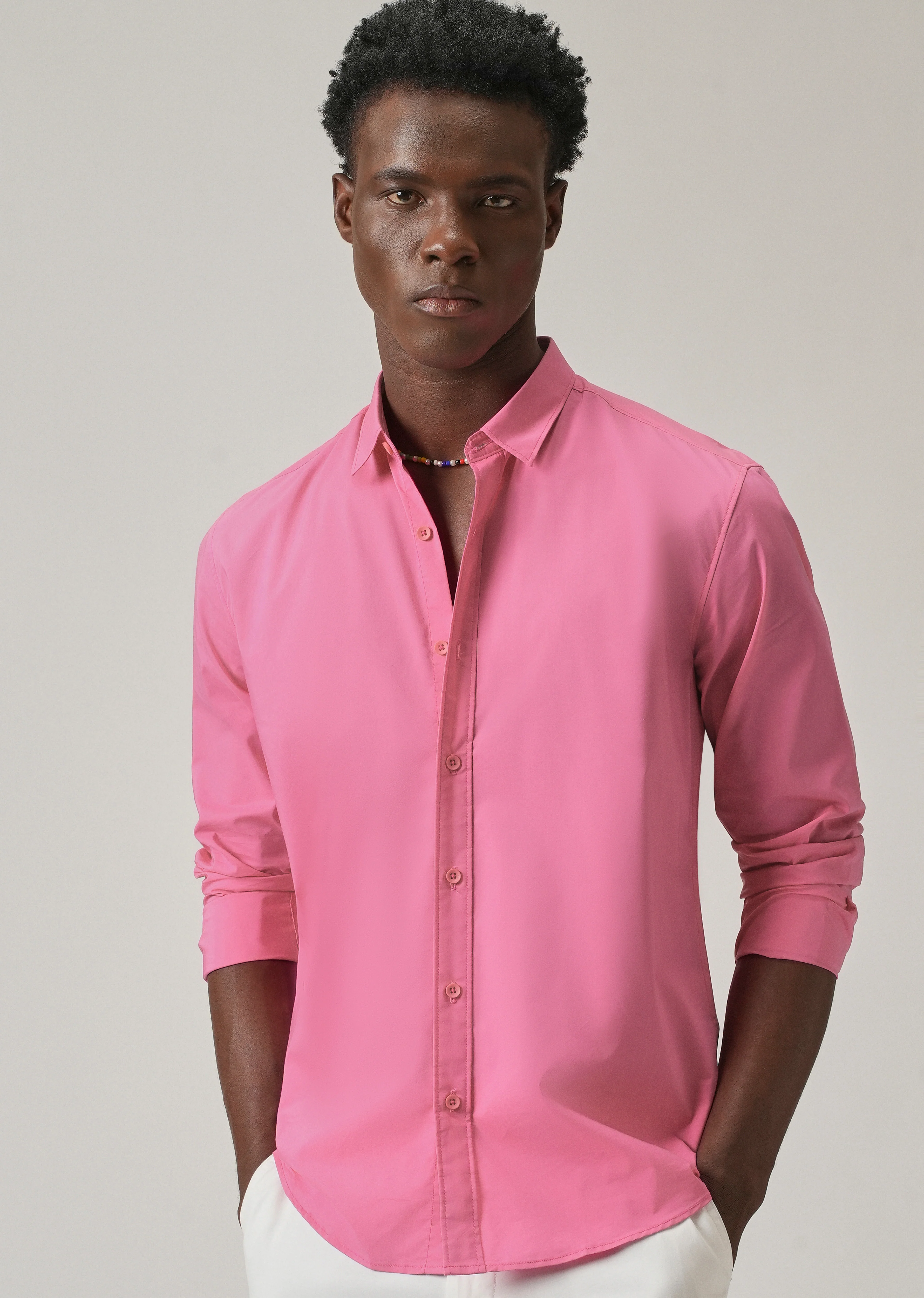 Bright Pink Plain Blended Cotton Shirt - Image 7