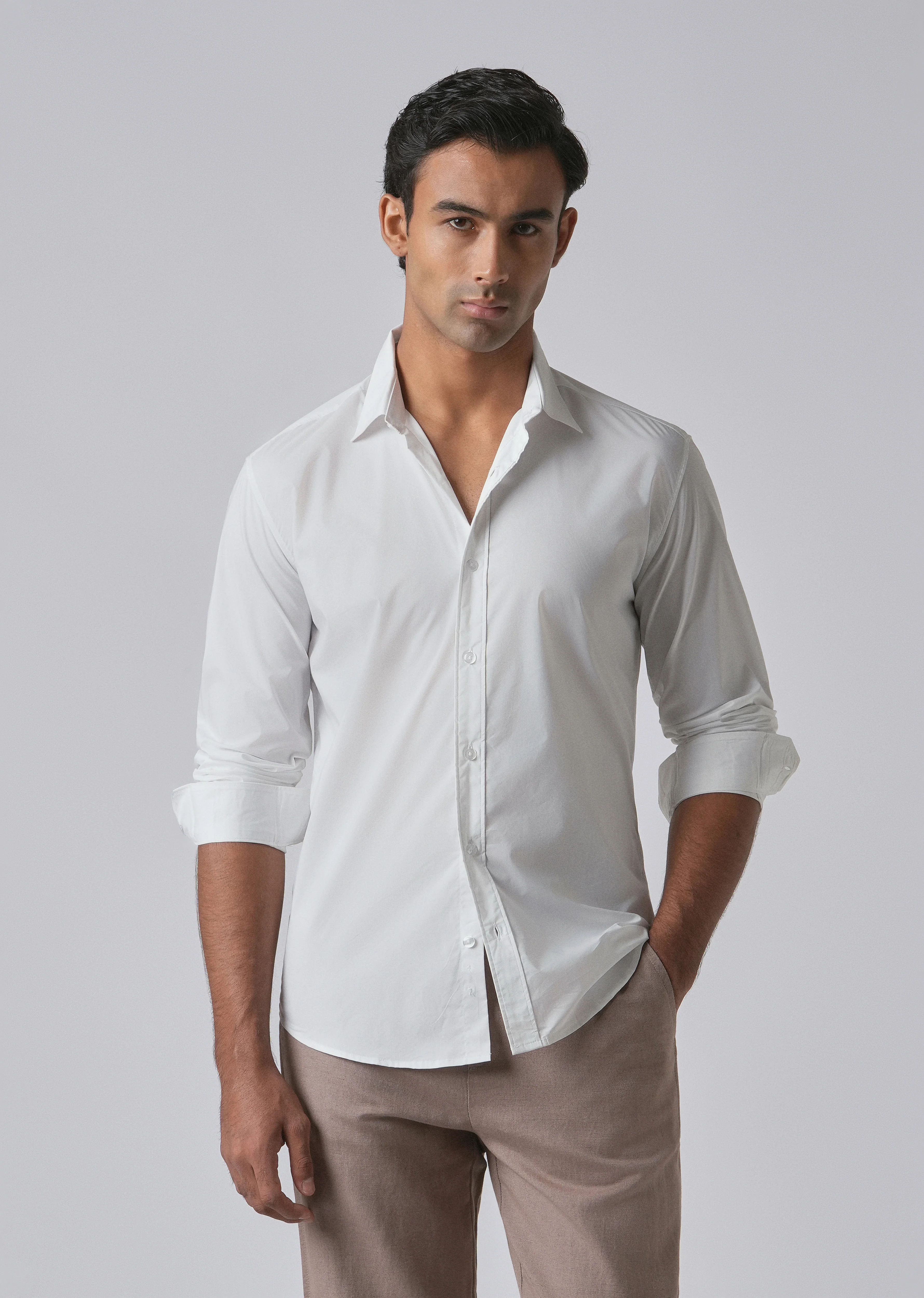 Bright White Plain Cotton Shirt - Image 7