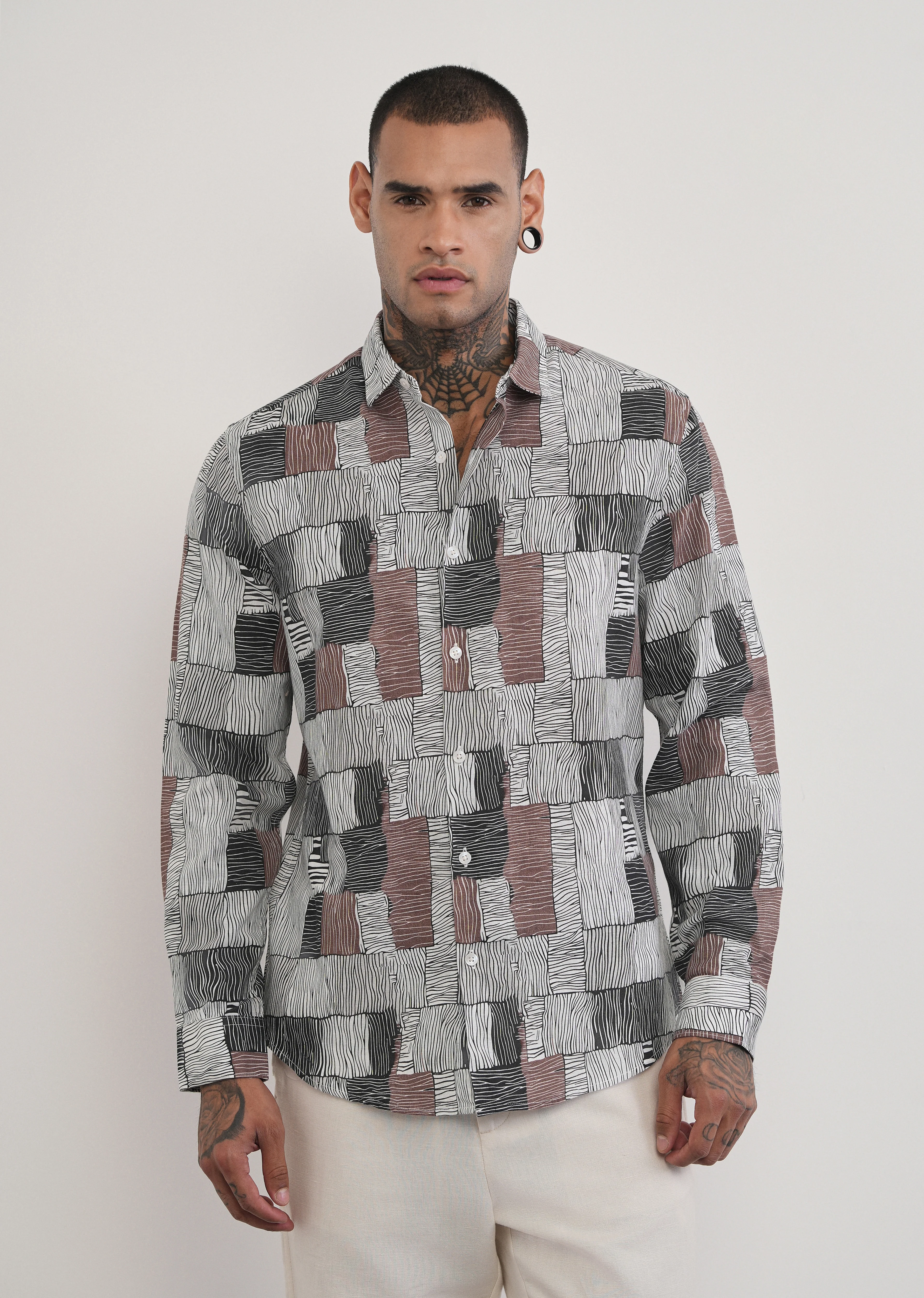 Brown Abstract Print Cotton Linen Shirt - Image 3