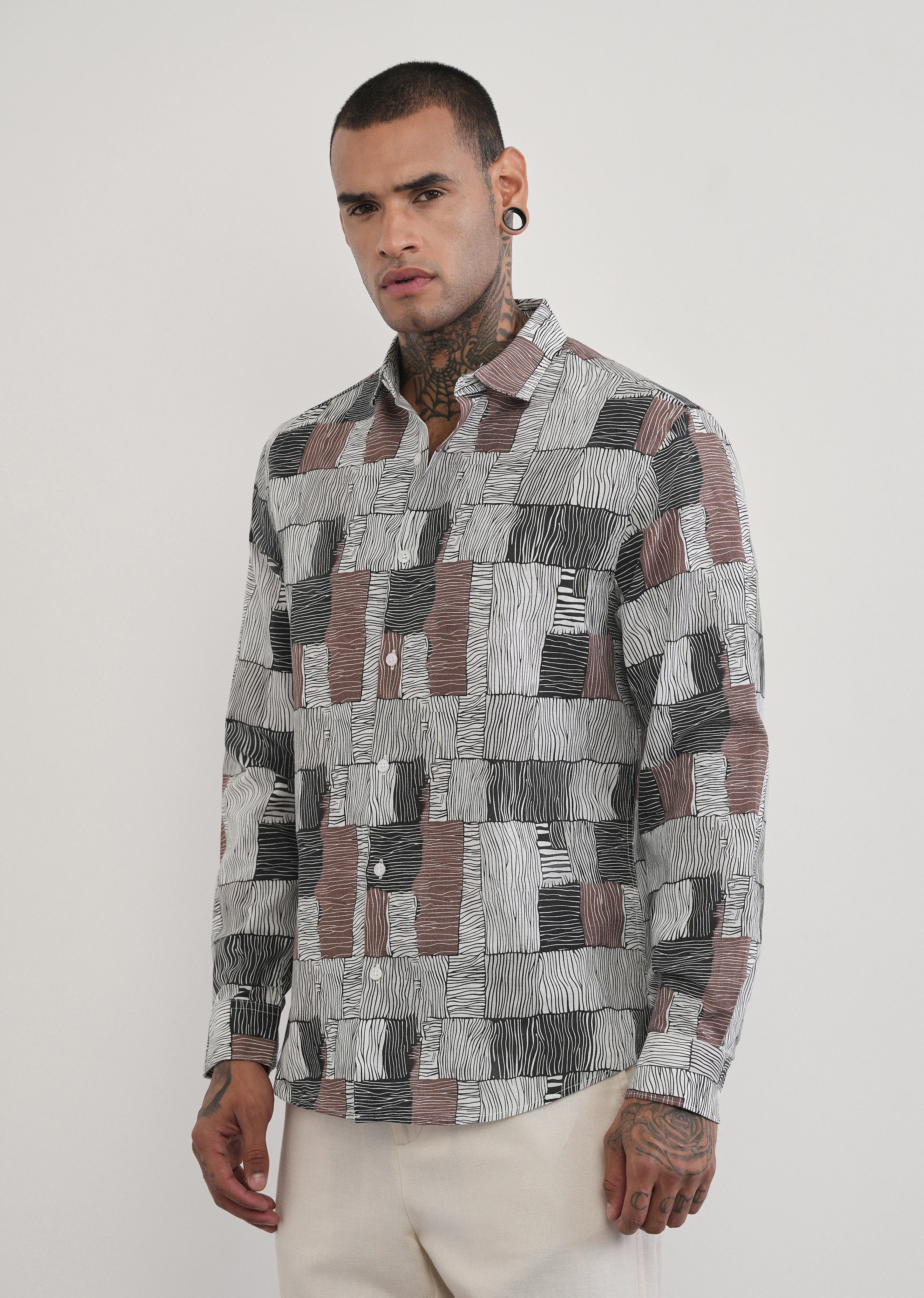 Brown Abstract Print Cotton Linen Shirt - Image 4