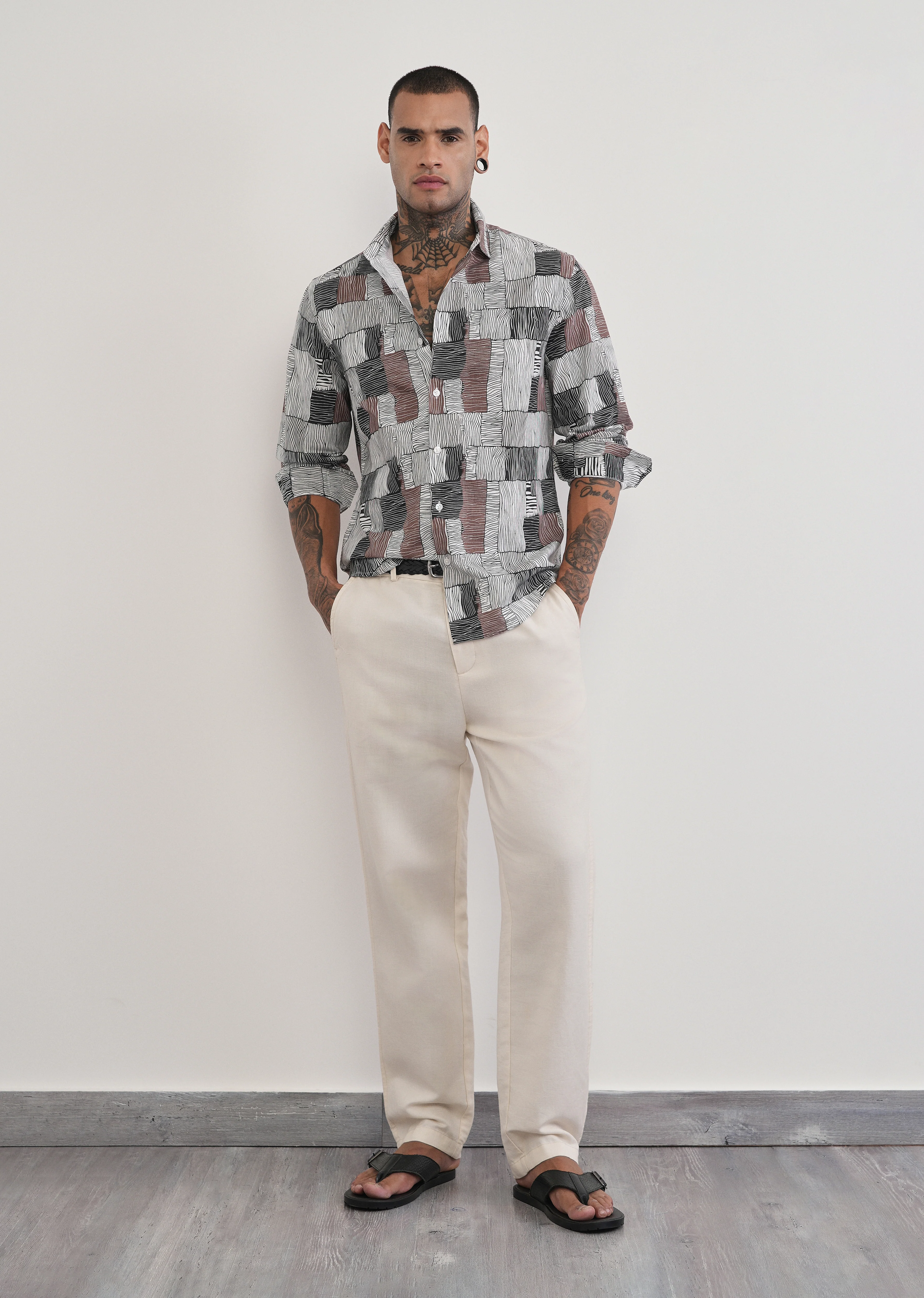 Brown Abstract Print Cotton Linen Shirt - Image 6