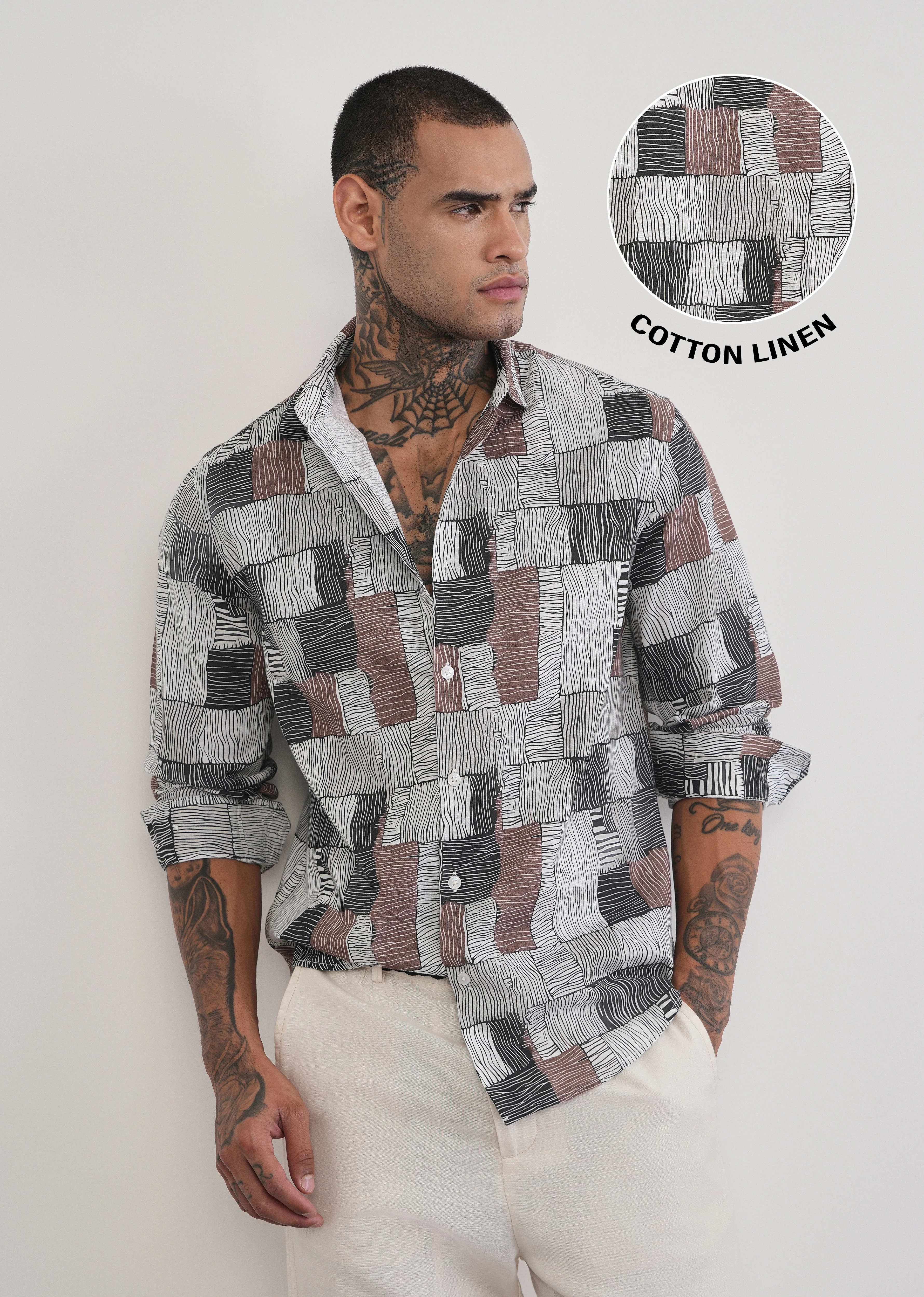 Brown Abstract Print Cotton Linen Shirt - Image 7