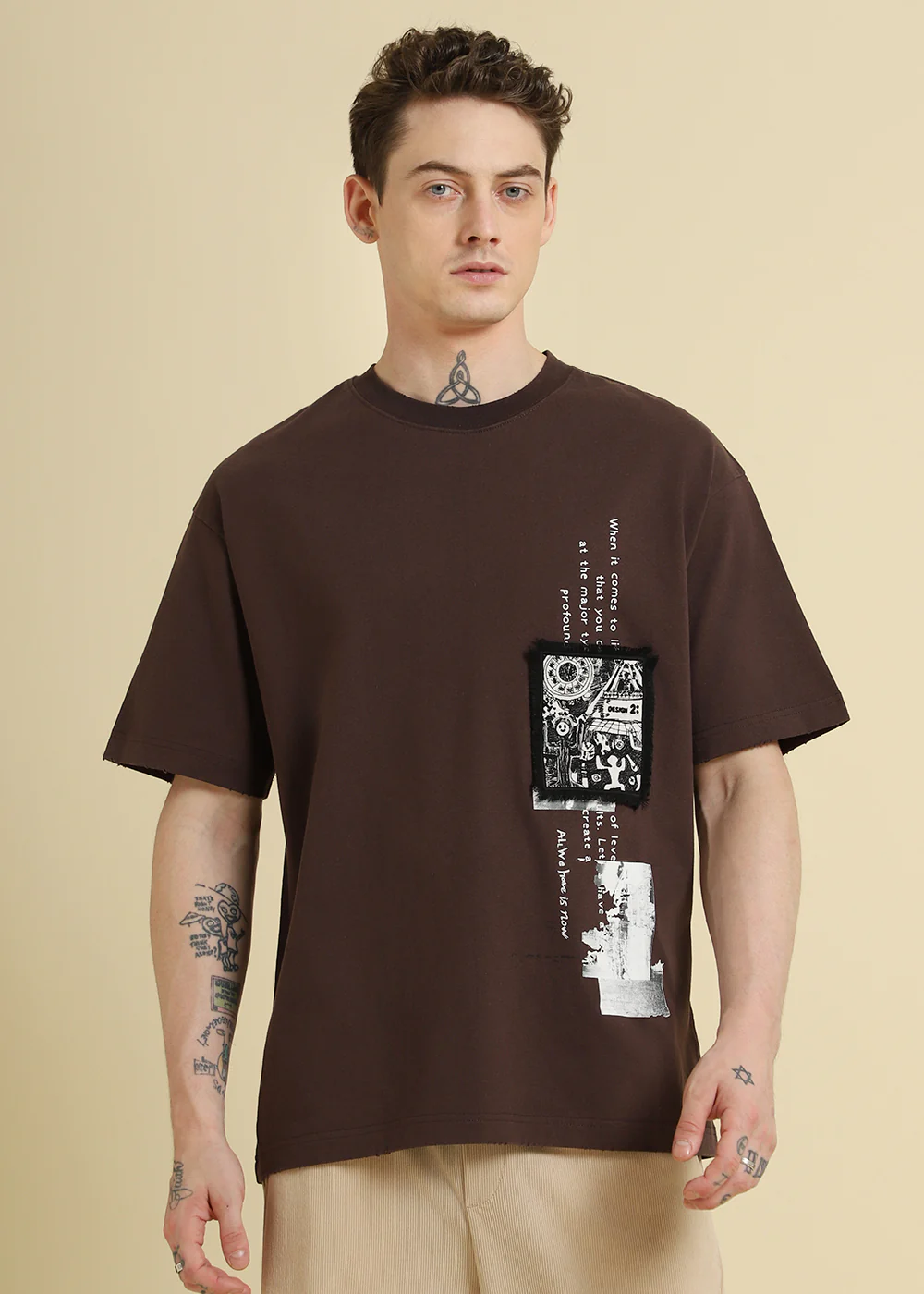 Brown Applique Printed Oversized T-shirt - Image 3