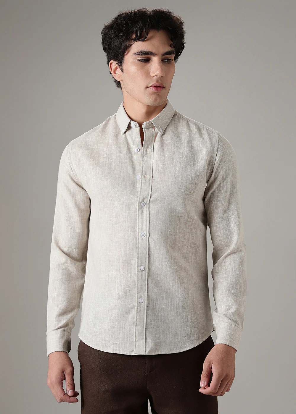Brown Beige Blended Linen Shirt - Image 3