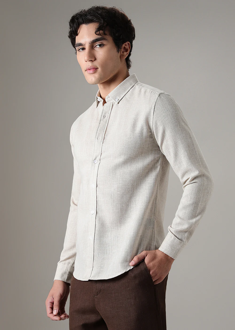 Brown Beige Blended Linen Shirt - Image 5