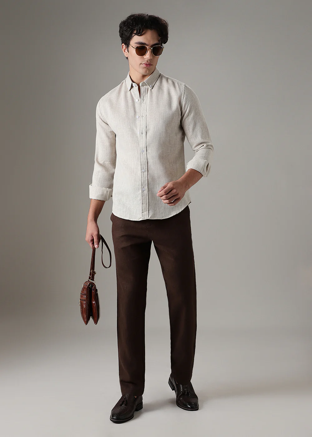 Brown Beige Blended Linen Shirt - Image 6
