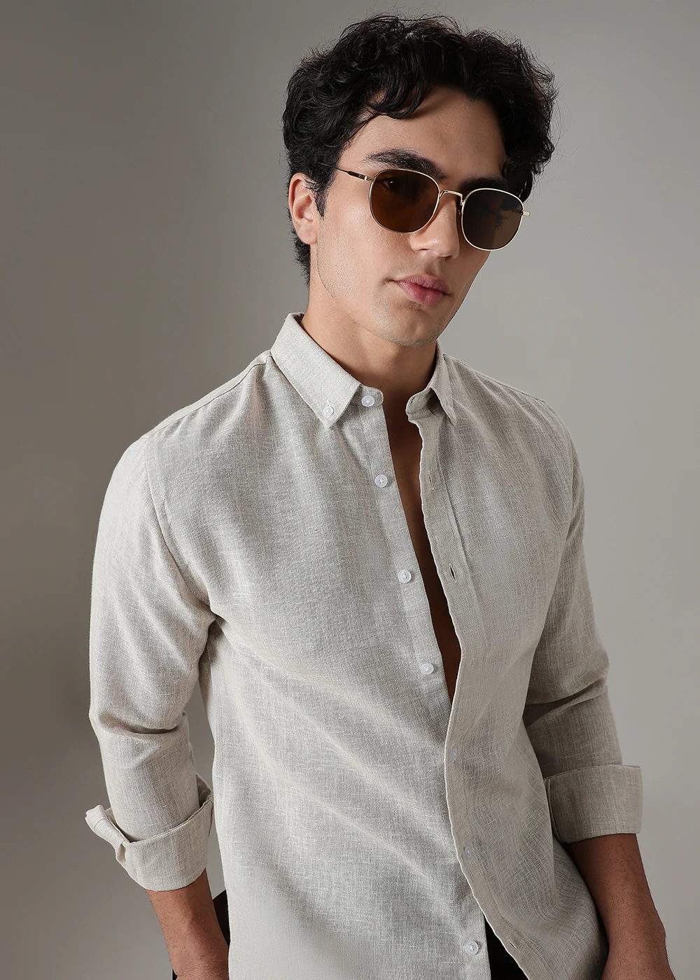 Brown Beige Blended Linen Shirt - Image 7