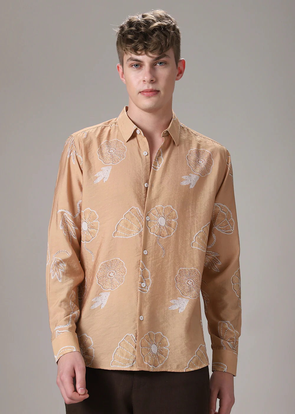 Brown Beige Floral Print Shirt - Image 3