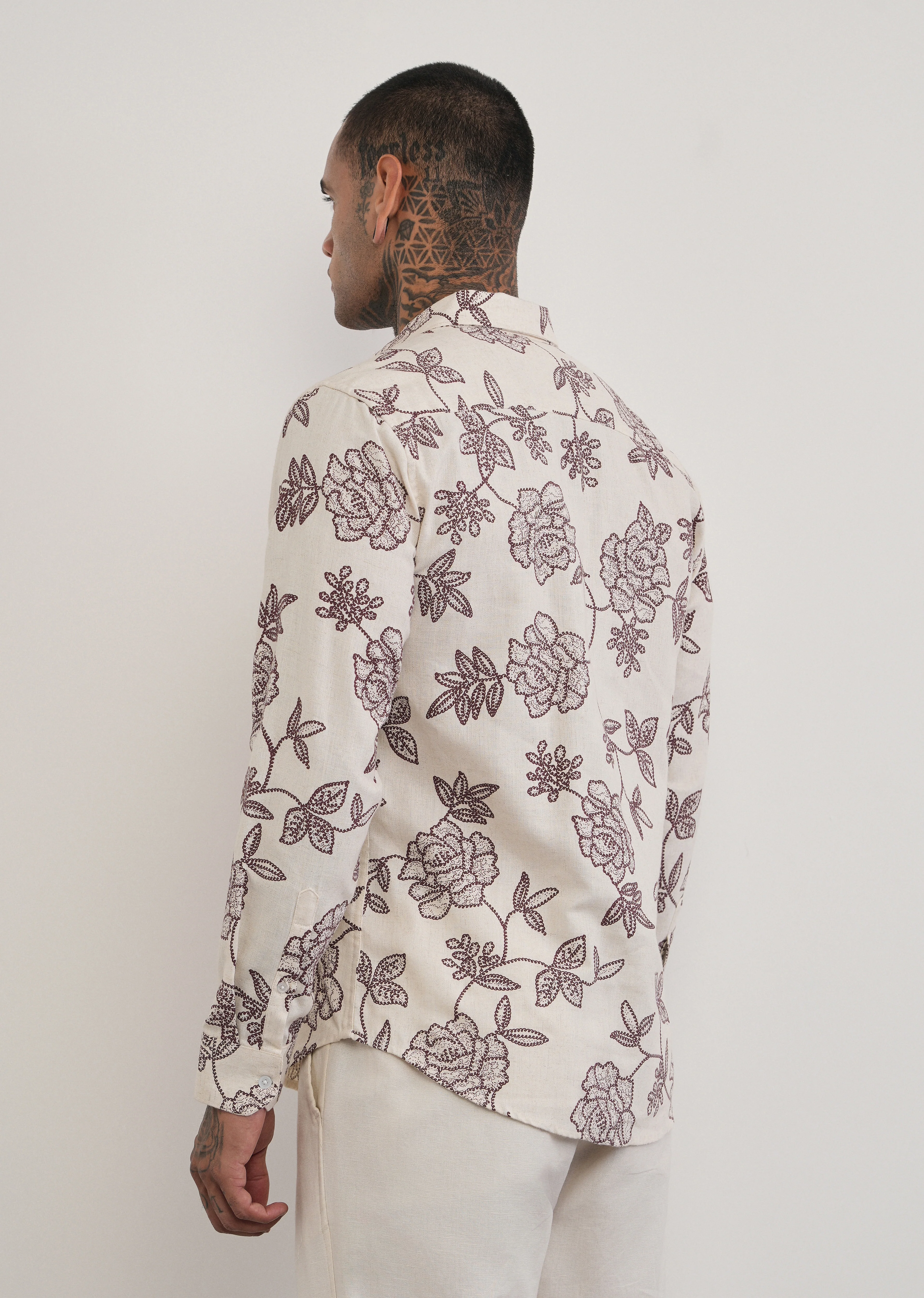 Brown Blended Linen Floral Print Shirt - Image 2