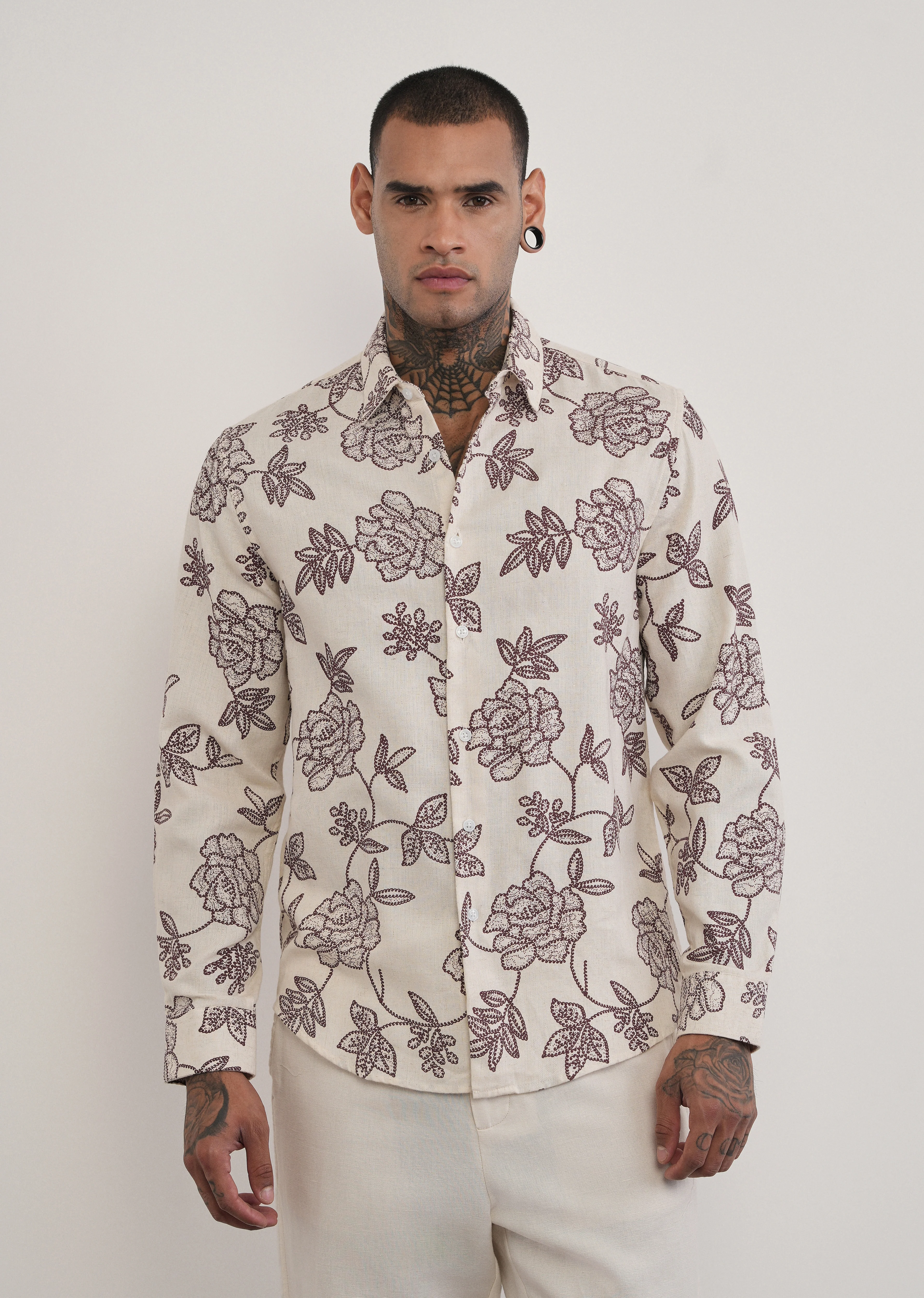 Brown Blended Linen Floral Print Shirt - Image 3