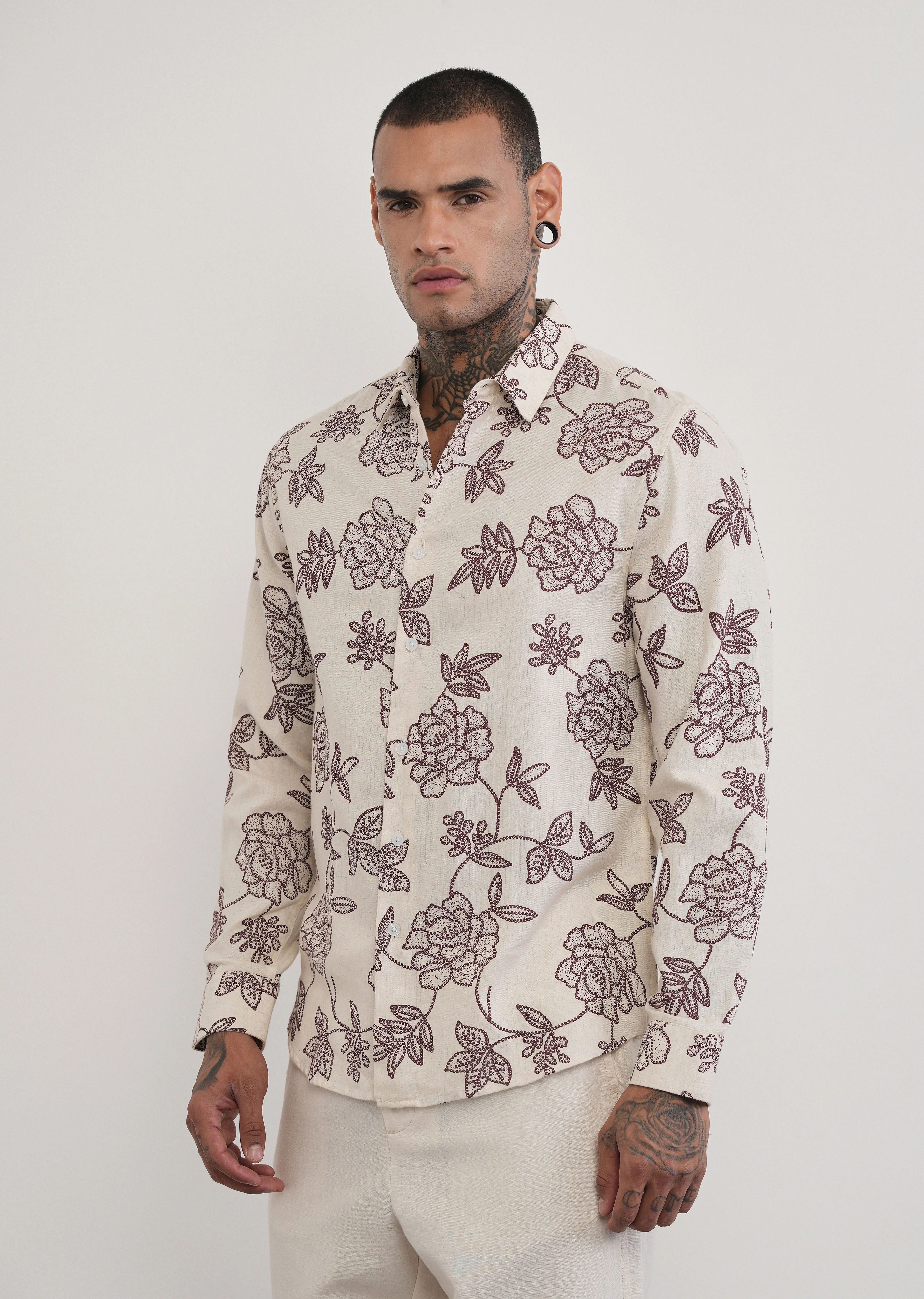Brown Blended Linen Floral Print Shirt - Image 4