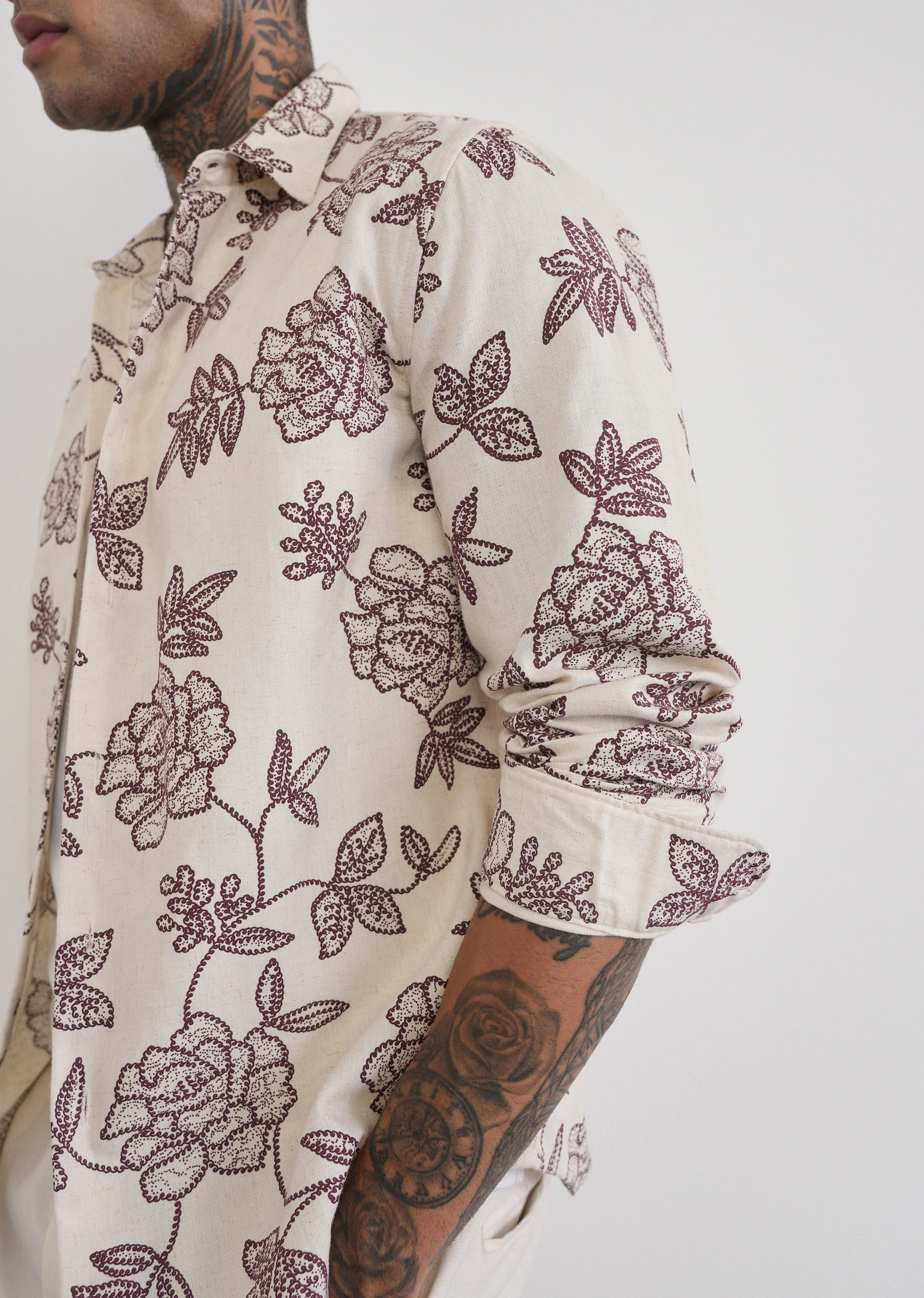 Brown Blended Linen Floral Print Shirt - Image 5