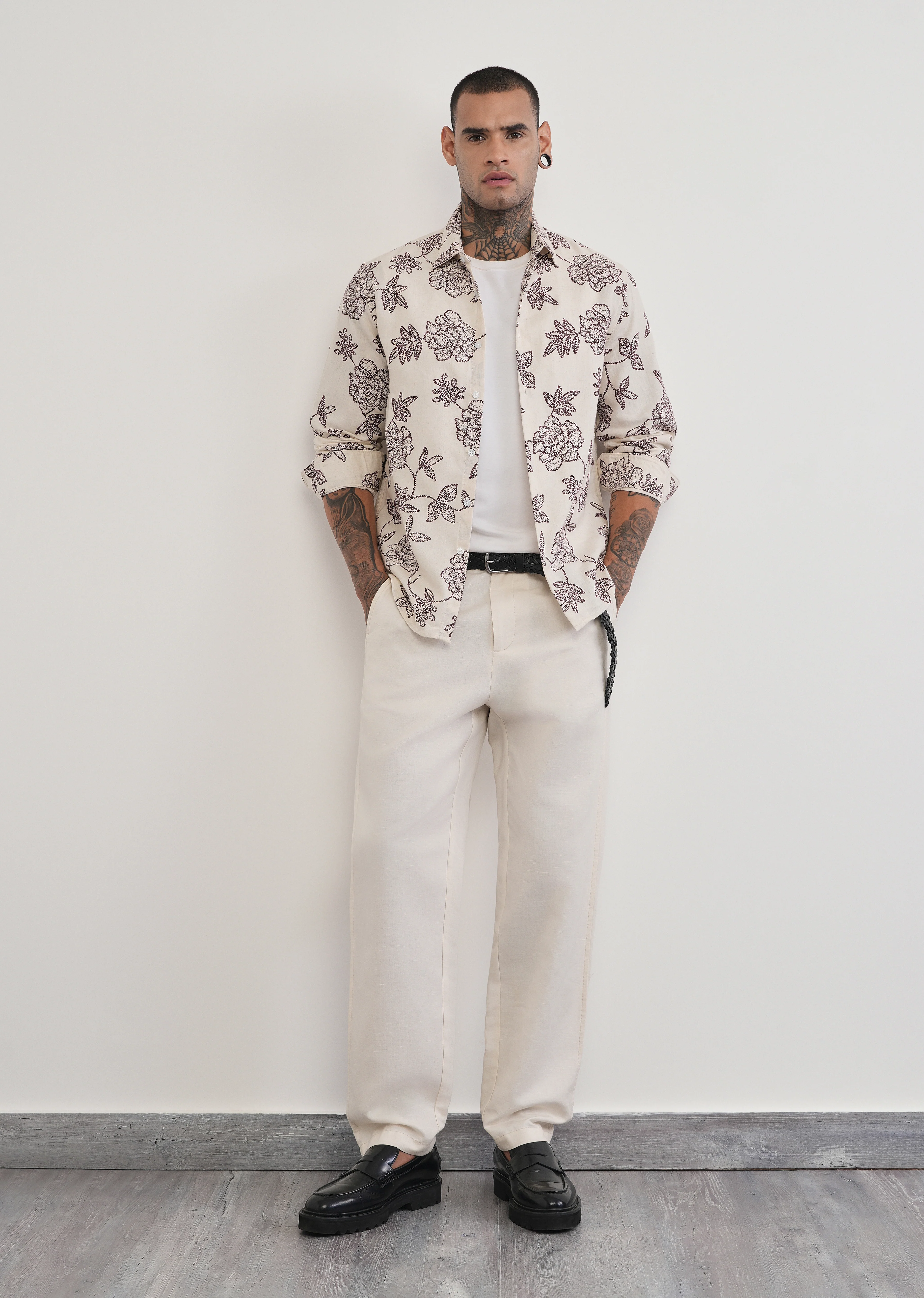 Brown Blended Linen Floral Print Shirt - Image 6