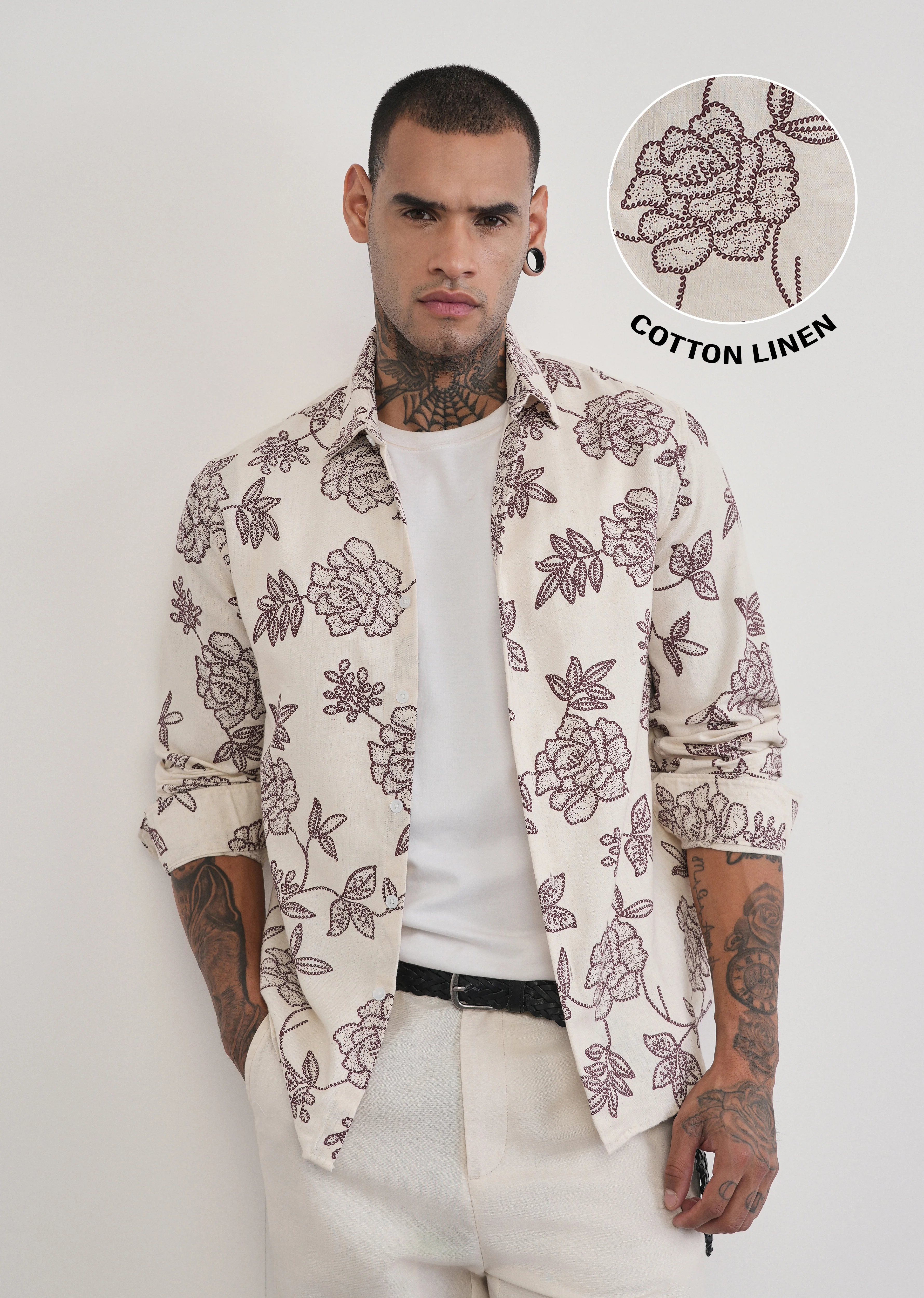 Brown Blended Linen Floral Print Shirt - Image 7