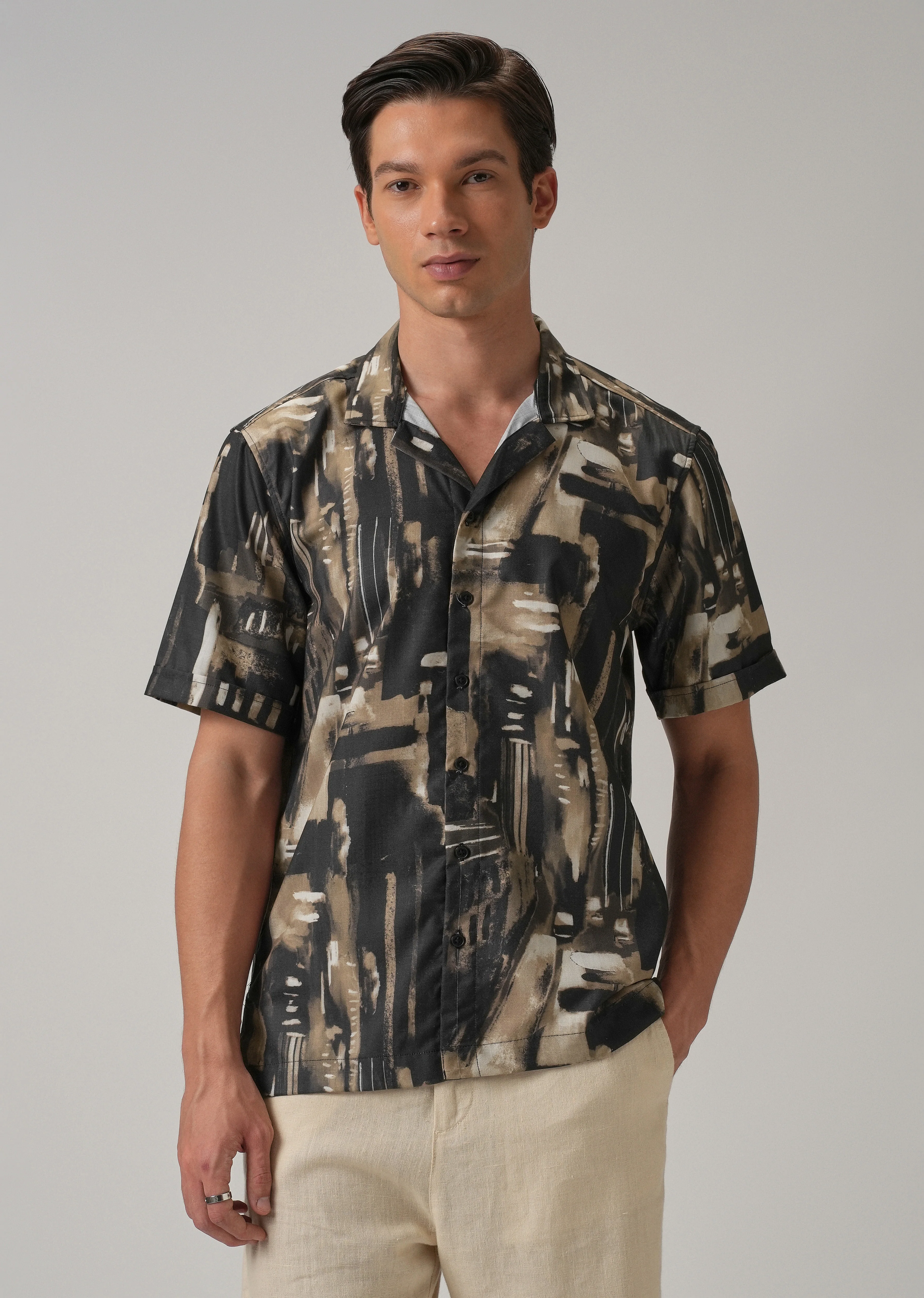 Brown Brush Stroke Half Sleeve Shirt - Image 3