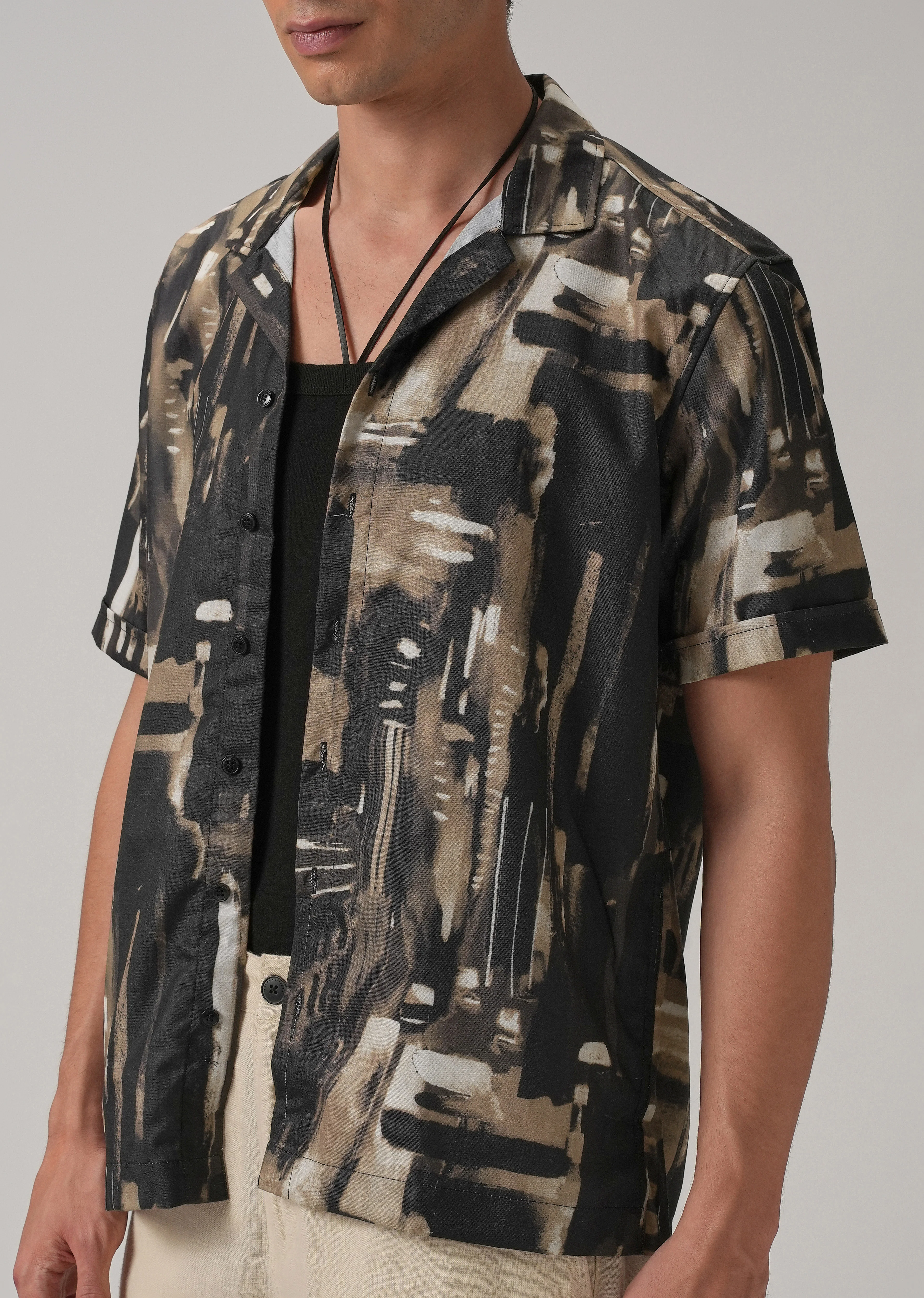 Brown Brush Stroke Half Sleeve Shirt - Image 7