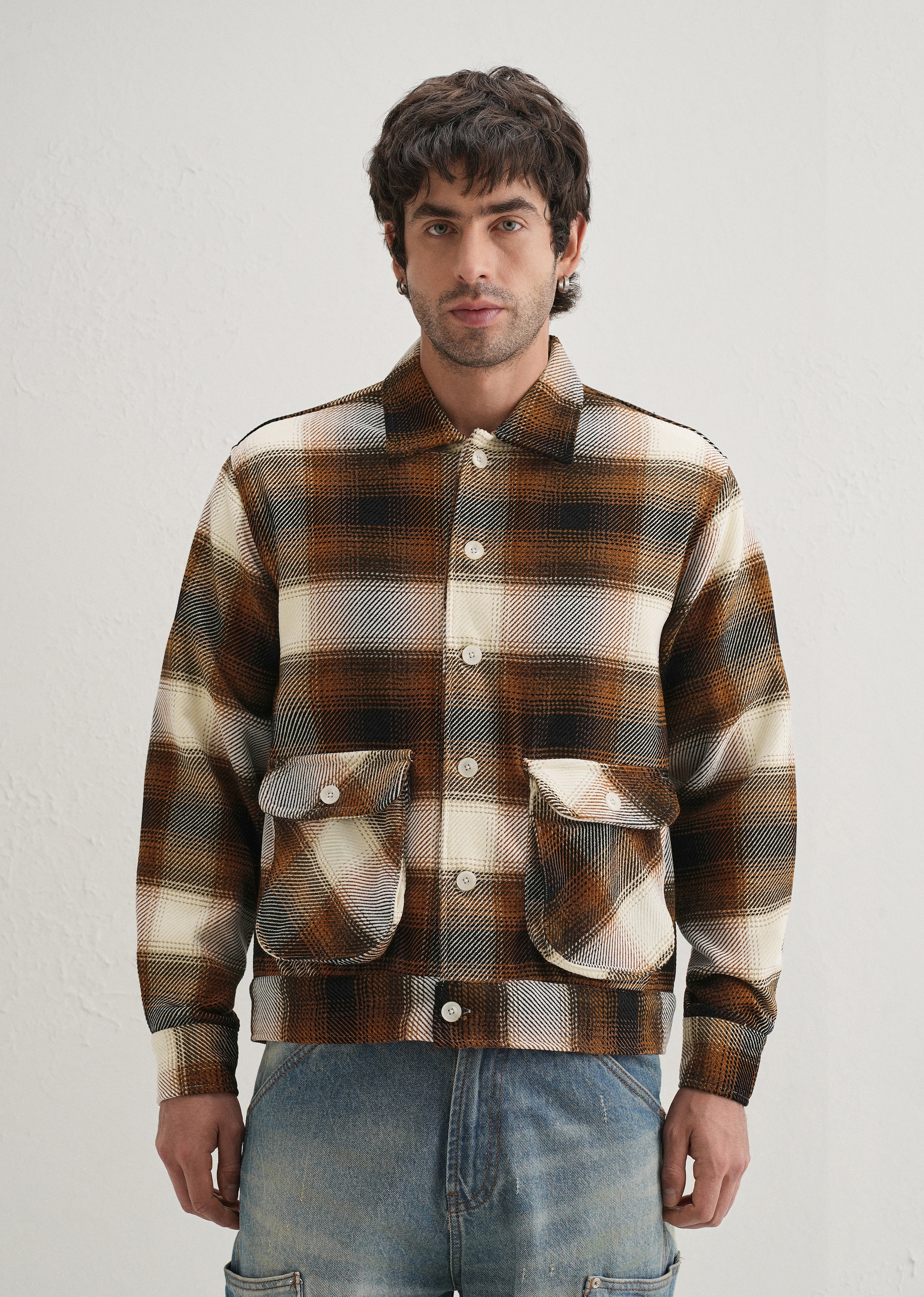 Brown Brushed Check Utility Shacket - Image 5