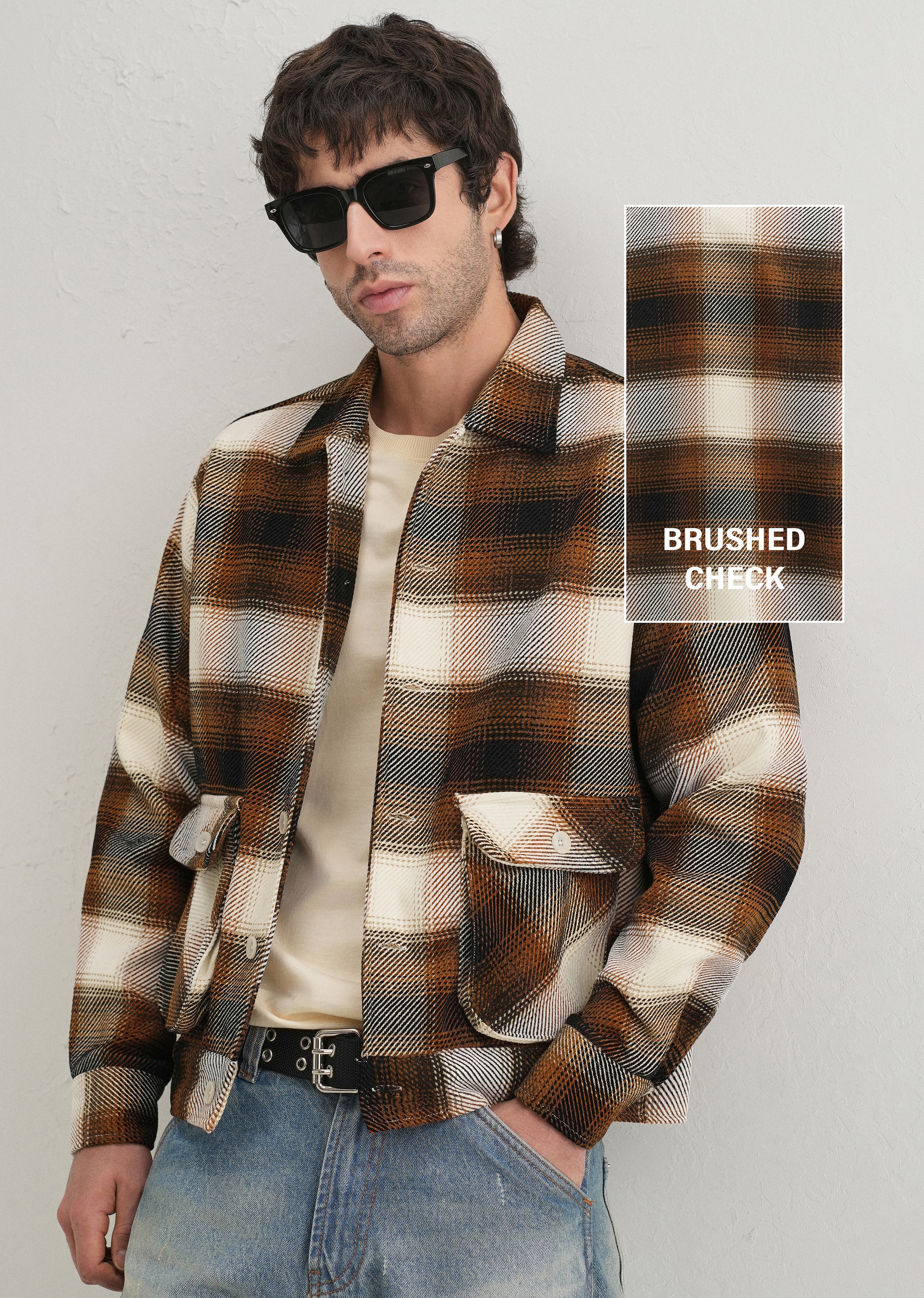 Brown Brushed Check Utility Shacket - Image 9