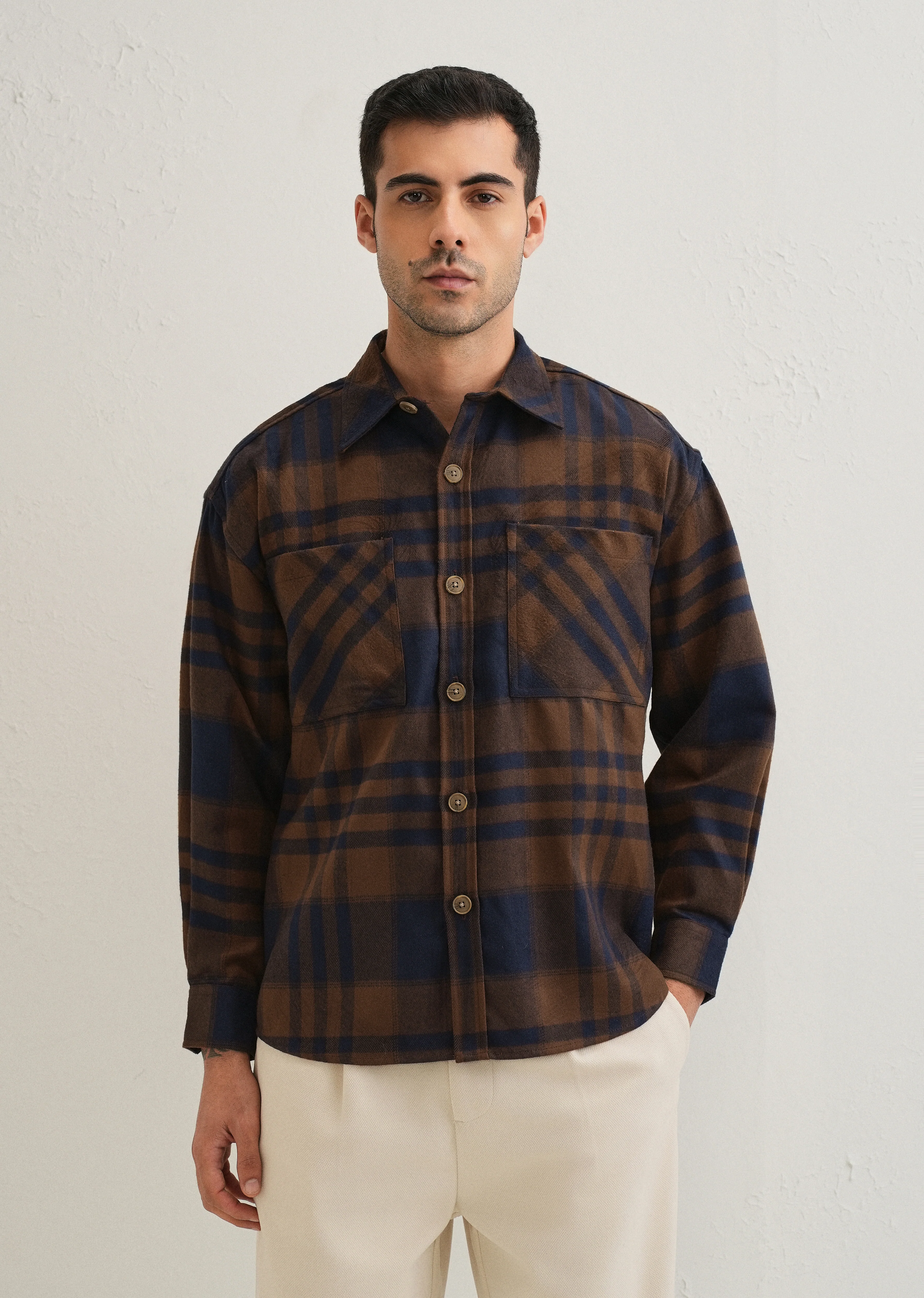 Brown Checked Relaxed Fit Shacket - Image 3
