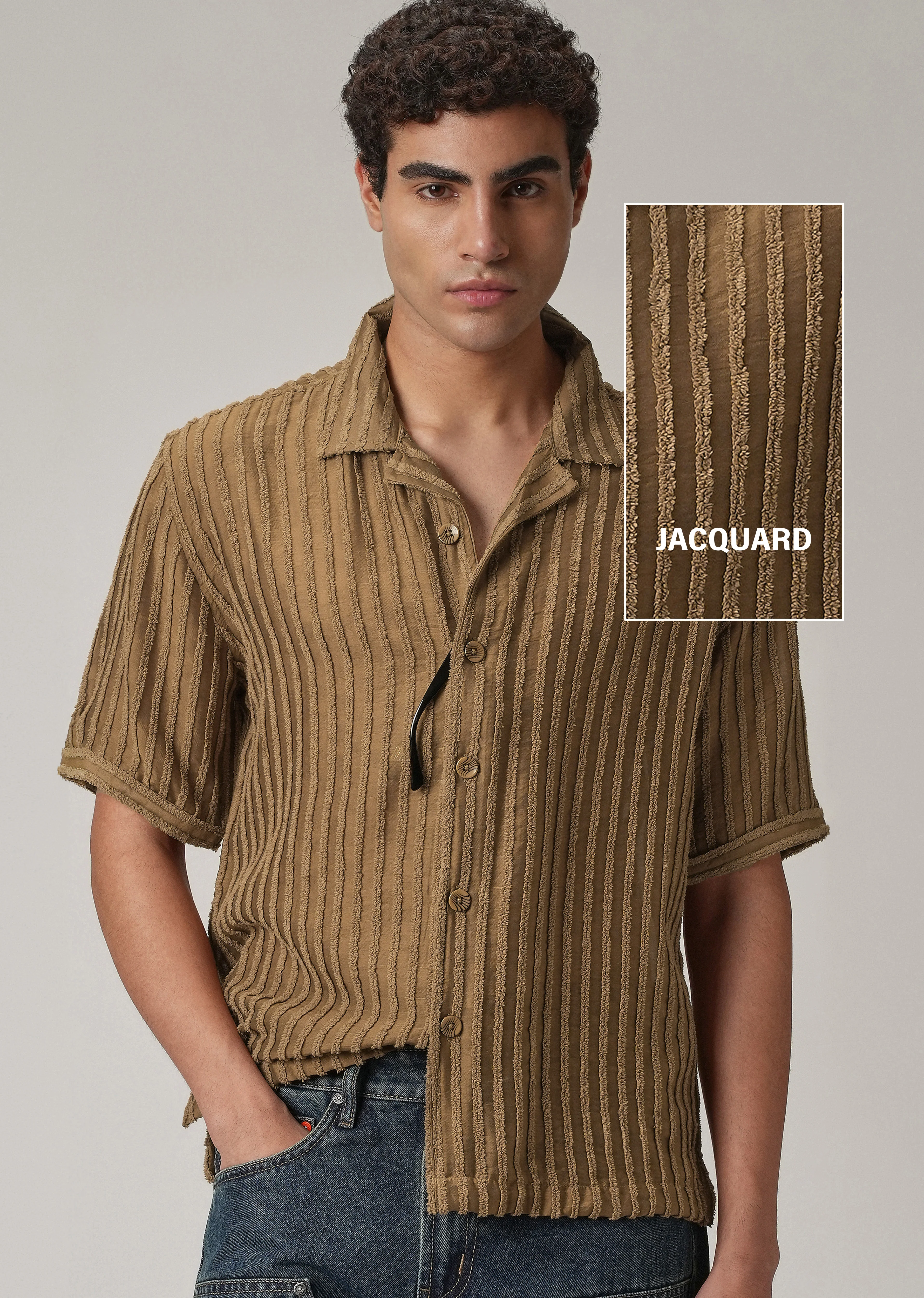 Brown Clip Jacquard Stripe Shirt - Image 7