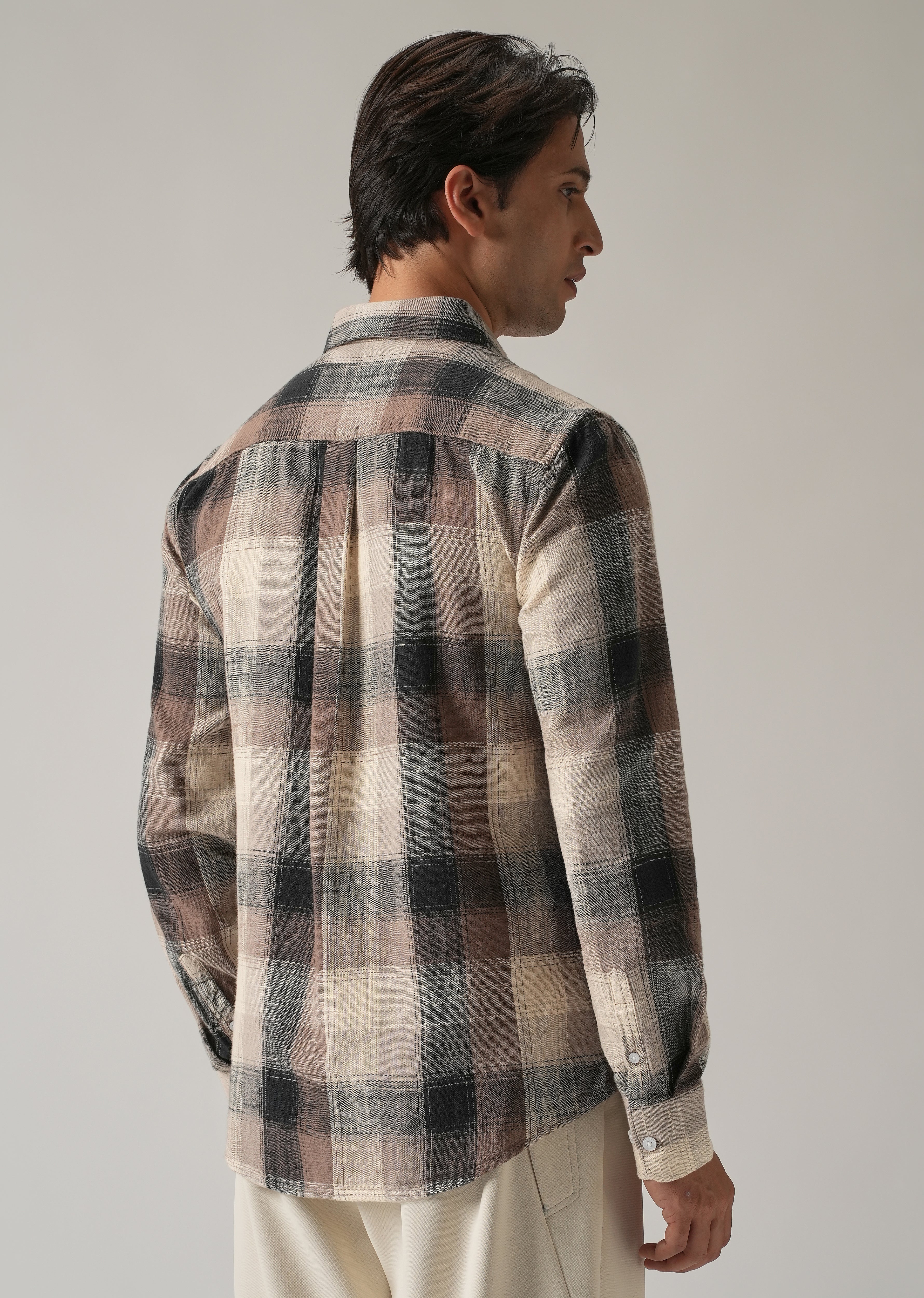 Brown Cotton Linen Box Check shirt - Image 2